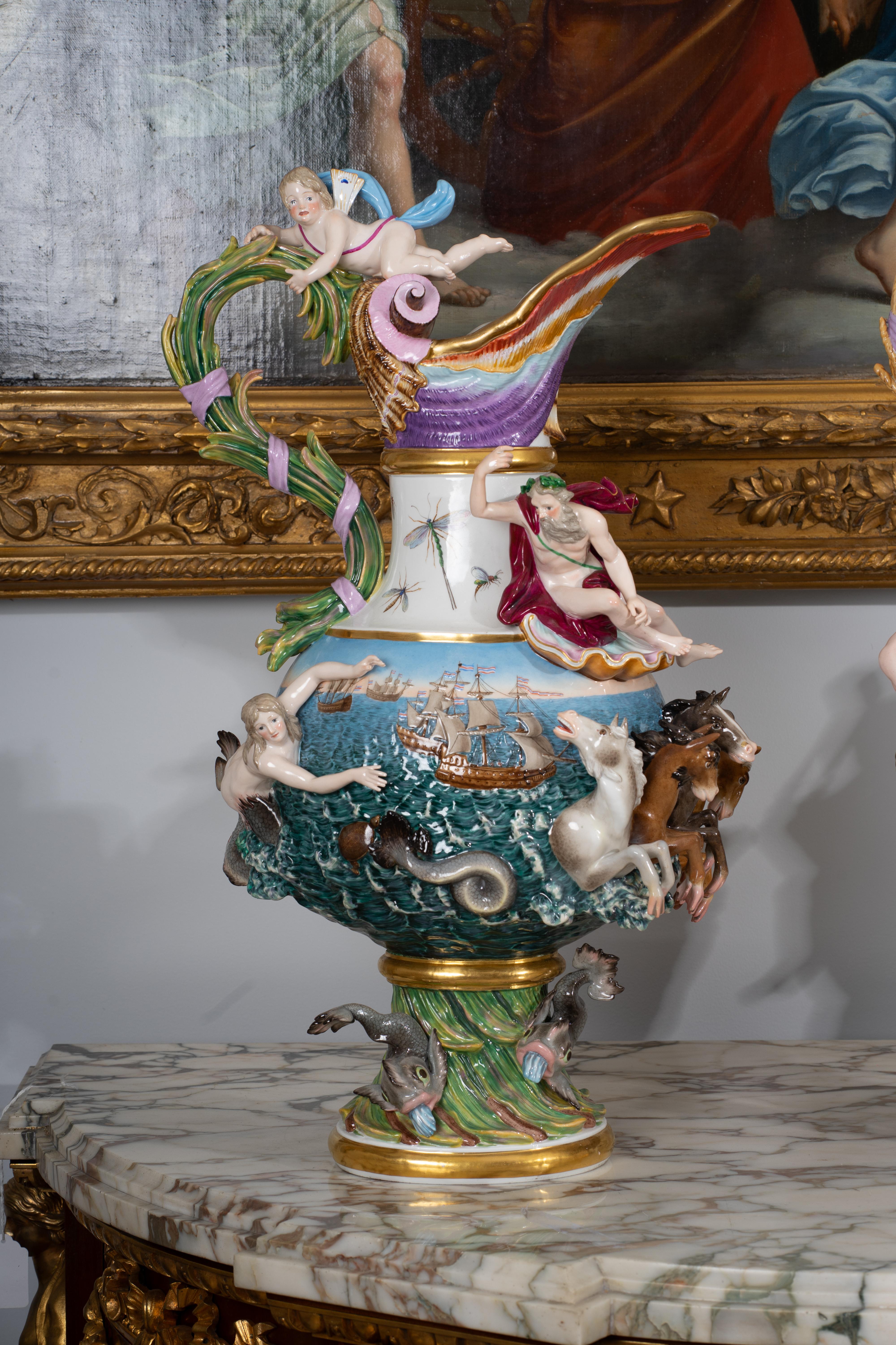 This extremely important set of Meissen ewers represents the Four Elements: Earth, Air, Water and Fire. Impressive in both size and artistry, they are among the most famous and spectacular examples of Meissen porcelain ever made. Each vase is an