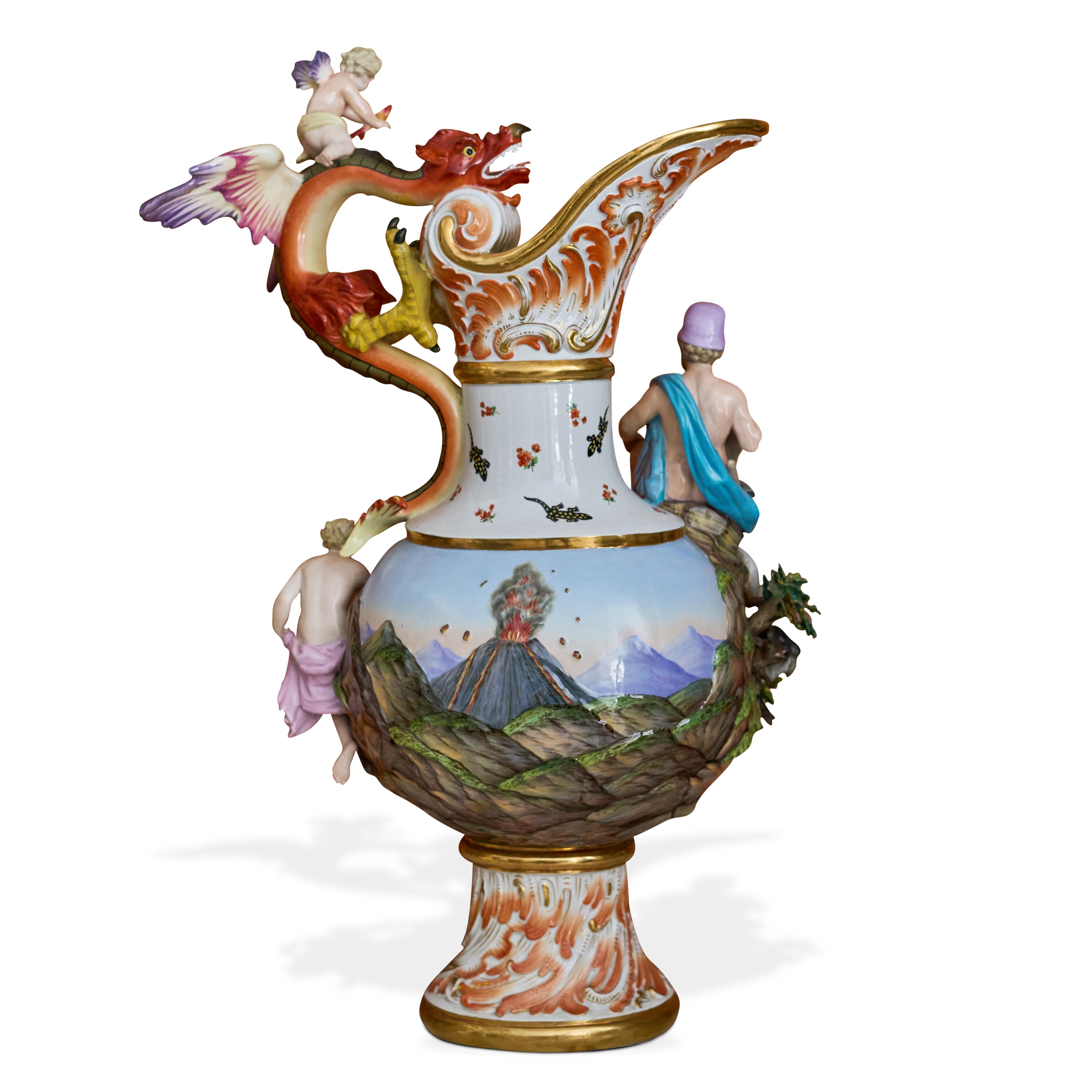 Porcelain Complete Set of Four Meissen Elements Ewers