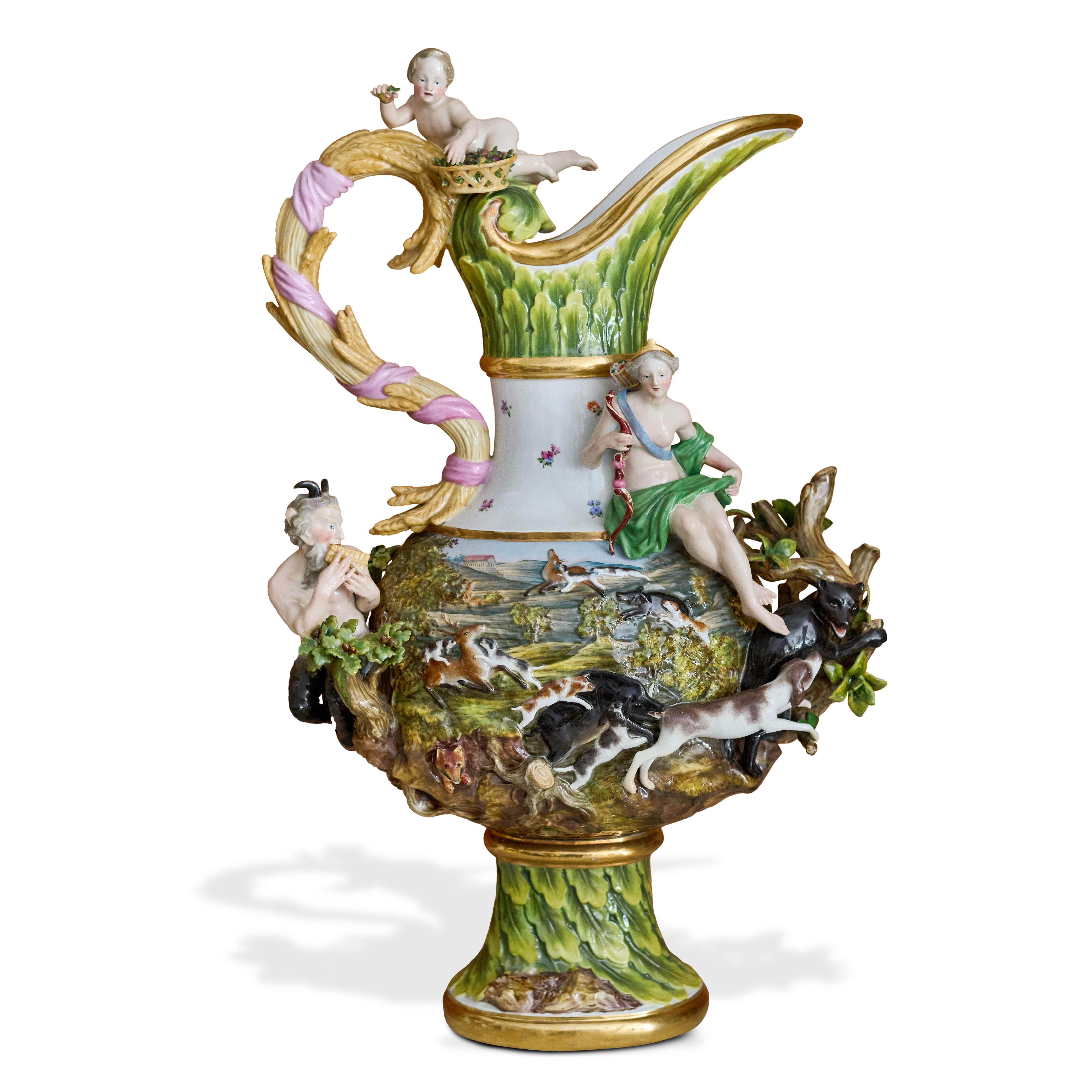Hand-Painted Complete Set of Four Meissen Elements Ewers