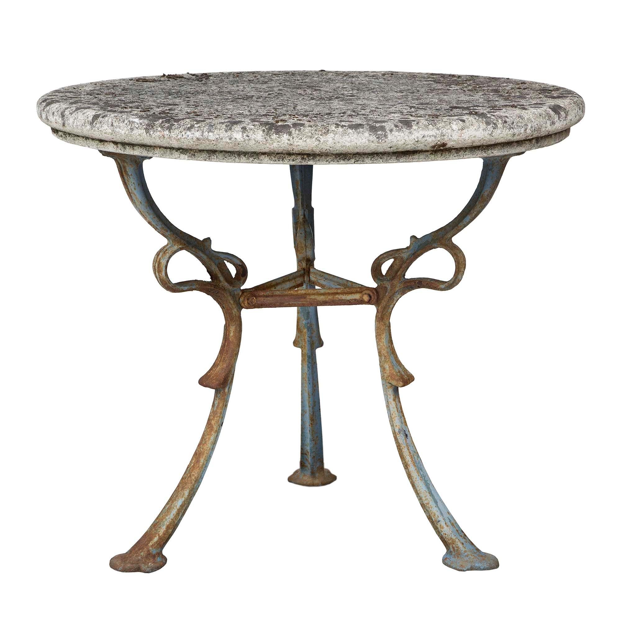 20th Century Complete Set of French Patinated Blue Wrought Iron and Stone Table and Benches