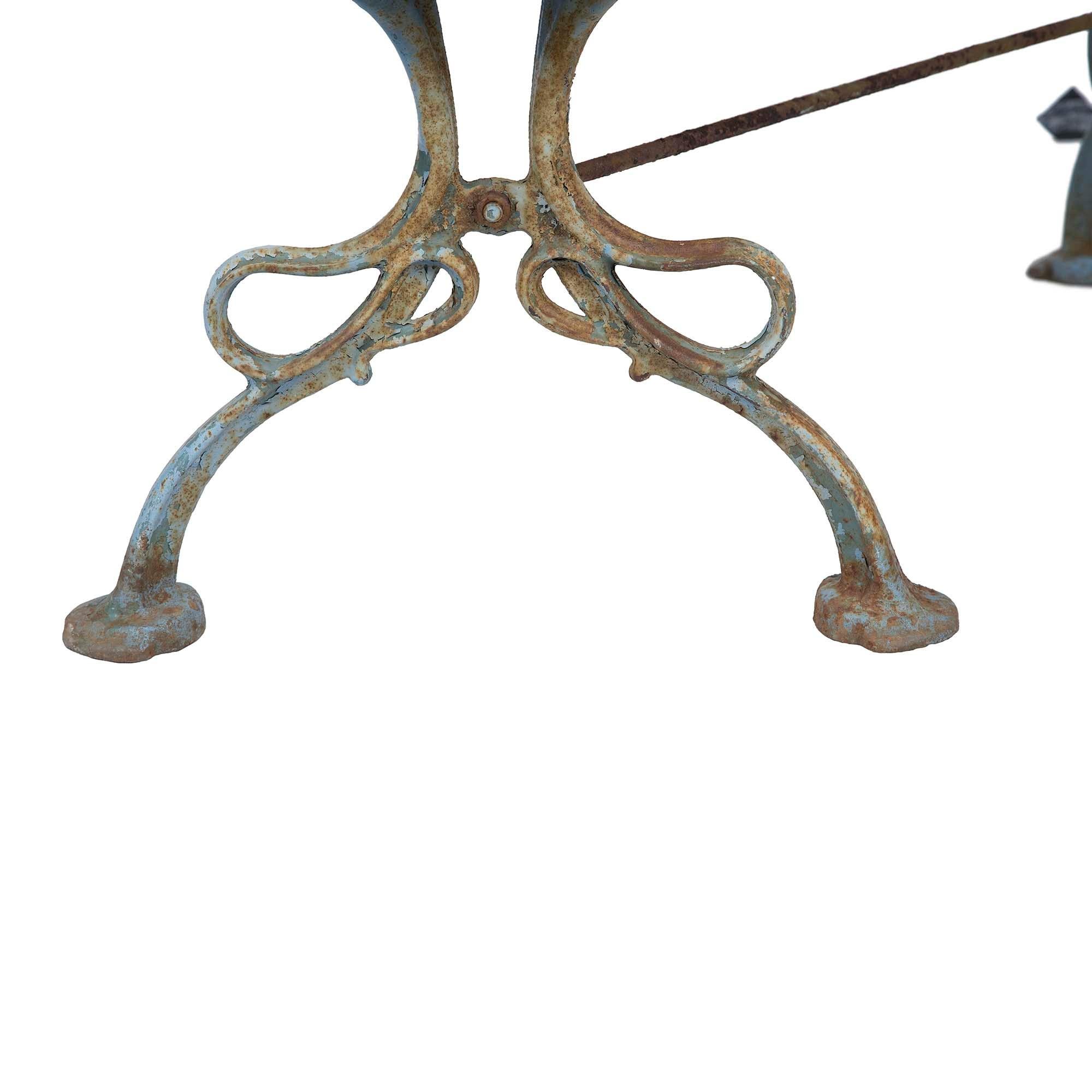 Complete Set of French Patinated Blue Wrought Iron and Stone Table and Benches 4