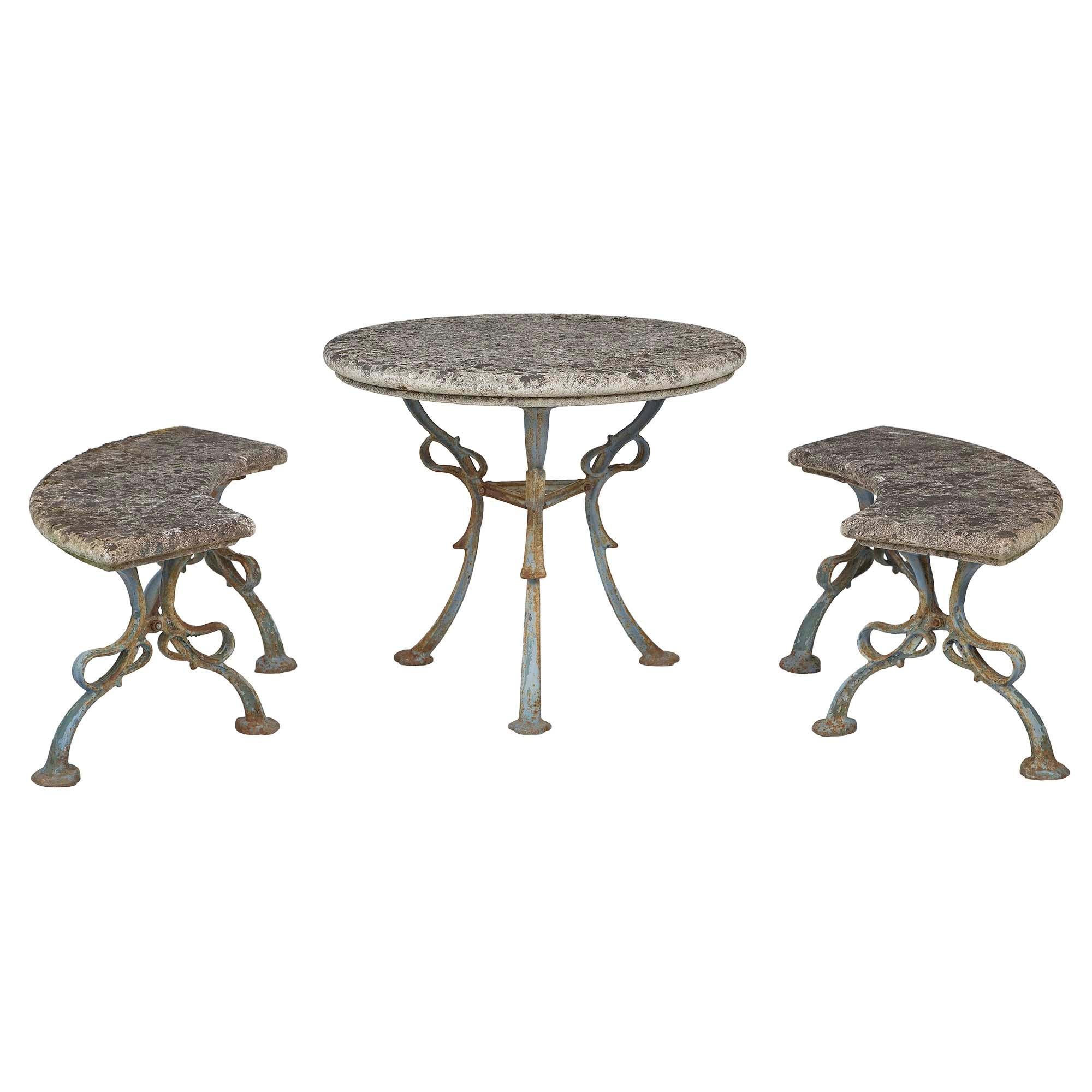 Complete Set of French Patinated Blue Wrought Iron and Stone Table and Benches 5