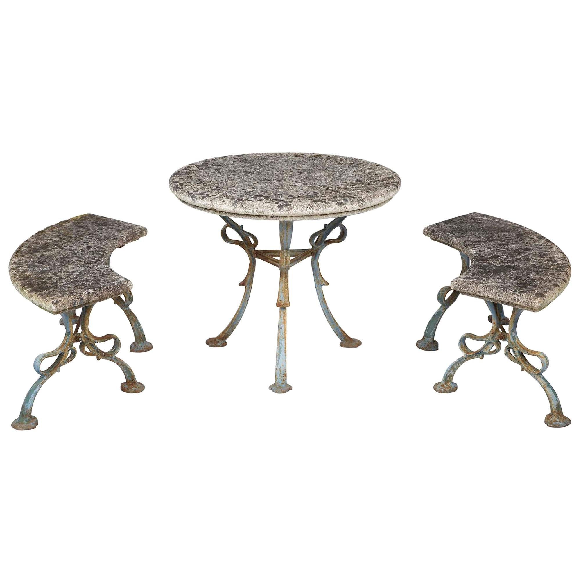 Complete Set of French Patinated Blue Wrought Iron and Stone Table and Benches