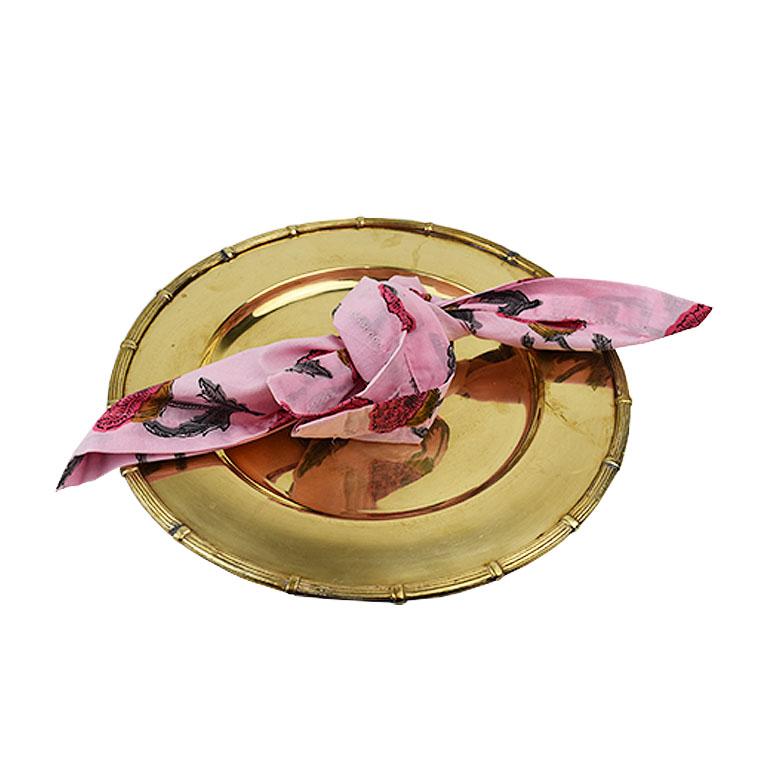 British Colonial Complete Set of Pink Cloth Napkins and Faux Bamboo Brass Place Setting Set of 4 For Sale