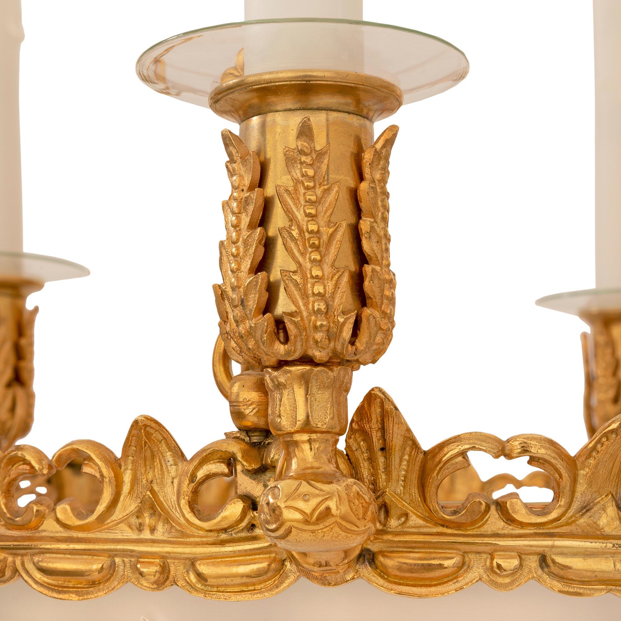 19th Century complete set of three French 19th century Ormolu and frosted glass chandeliers