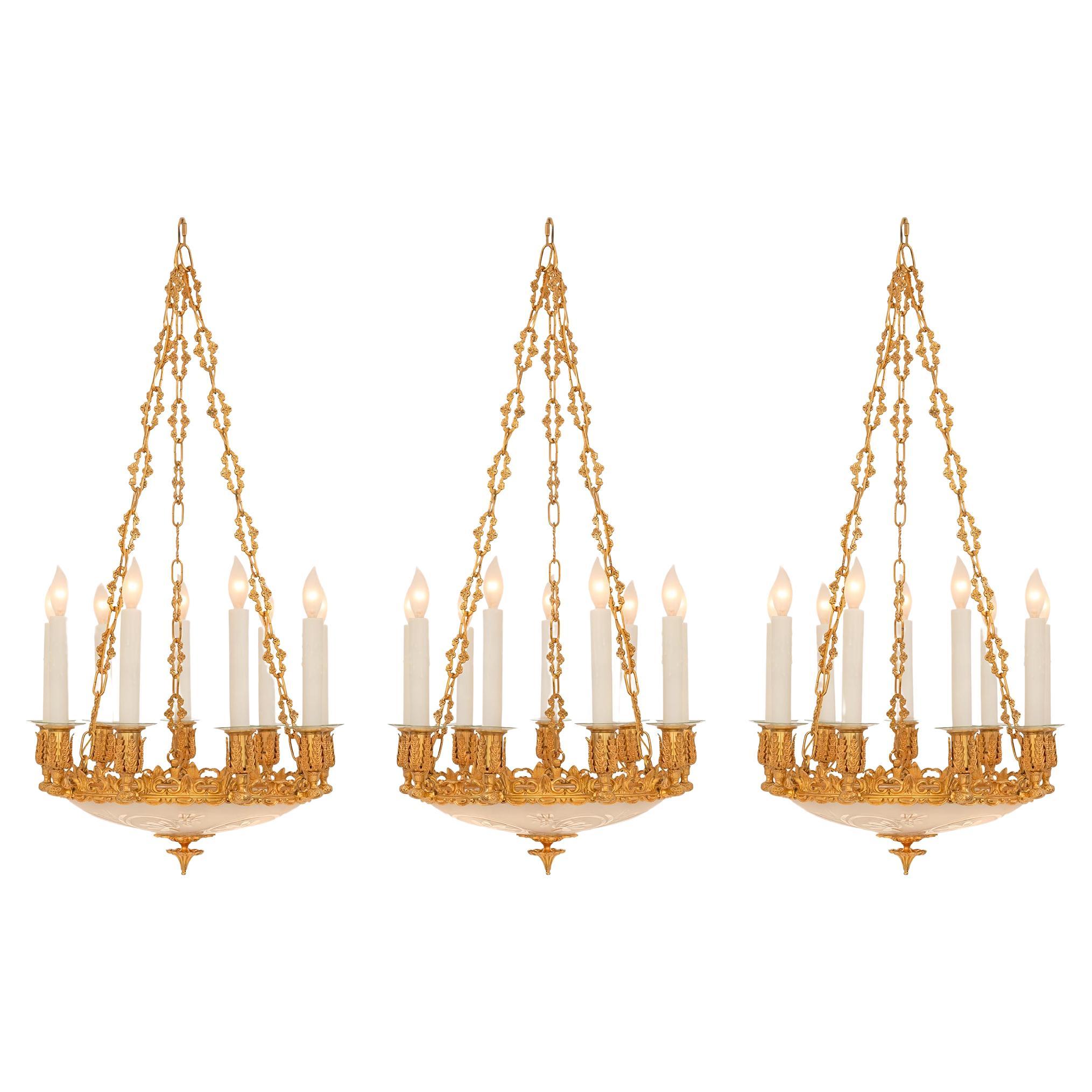 complete set of three French 19th century Ormolu and frosted glass chandeliers