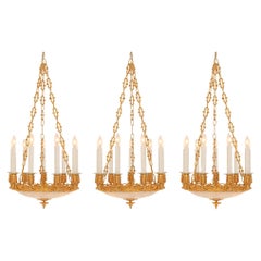 complete set of three French 19th century Ormolu and frosted glass chandeliers