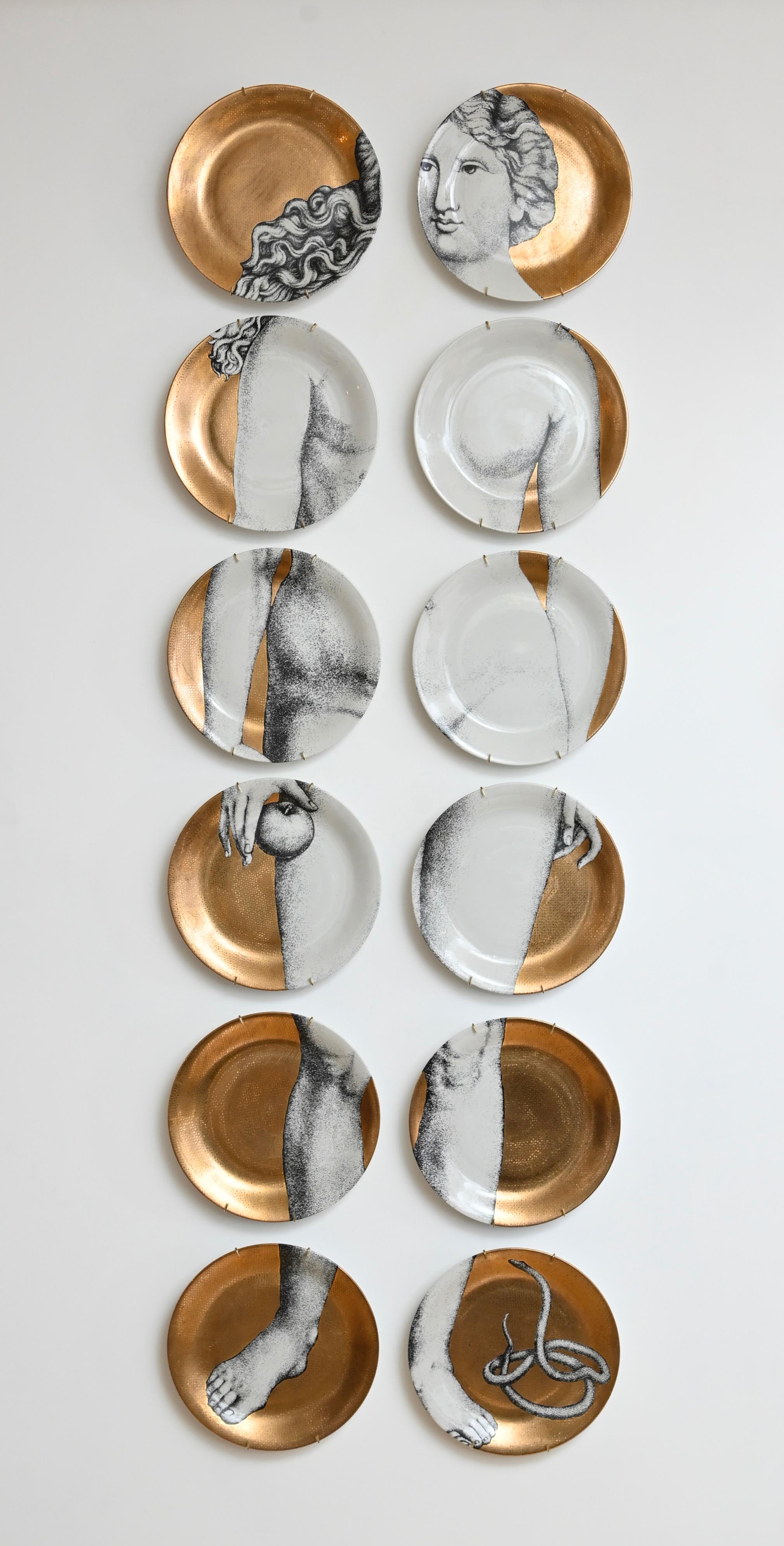 Complete Set of Twelve Eva / Eve Ceramic Plates by Piero Fornasetti, circa 1980 1