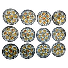 Set completo di dodici piatti da ostrica in ceramica MBFA Pornic dipinti a mano
