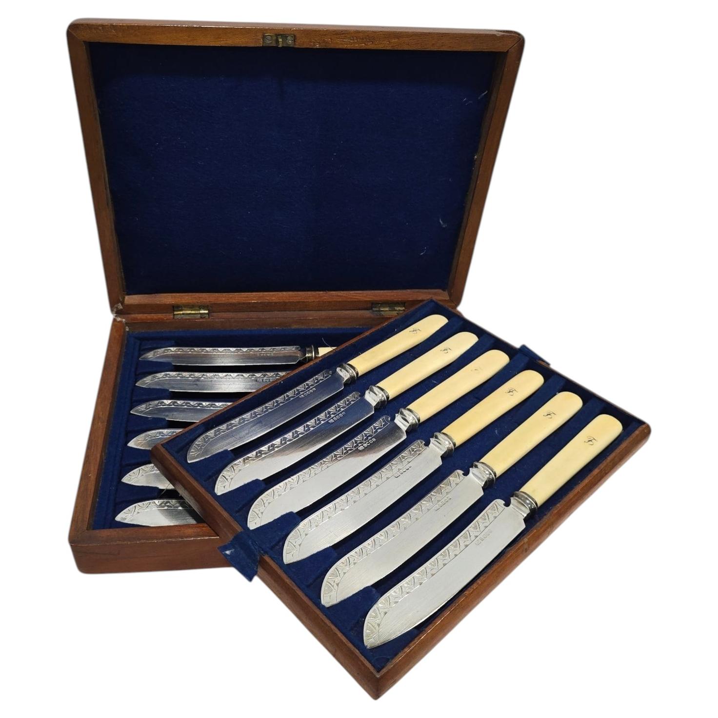 Ensemble complet de douze couteaux à poisson de style victorien dans leur coffret d'origine anglais, XIXe siècle