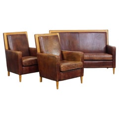 Set completo Divano a 2 posti e 2 poltrone in pelle di pecora Art Deco Design