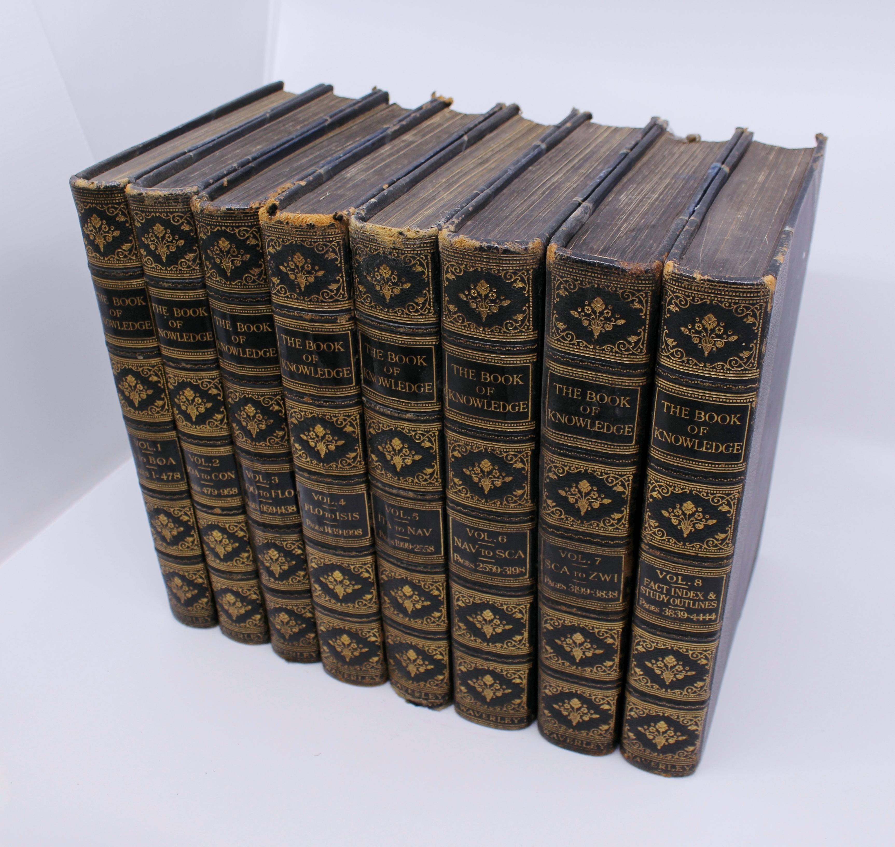 Title:
The Book of Knowledge

Publisher: 
The Waverley Book Company Ltd., London

Date: circa 1935

Editor: 
Harrold F. B. Wheeler

Size: 19 x 26 cm

Condition:
Complete set of volumes. Some shelf-wear and rubbing with some marks to
