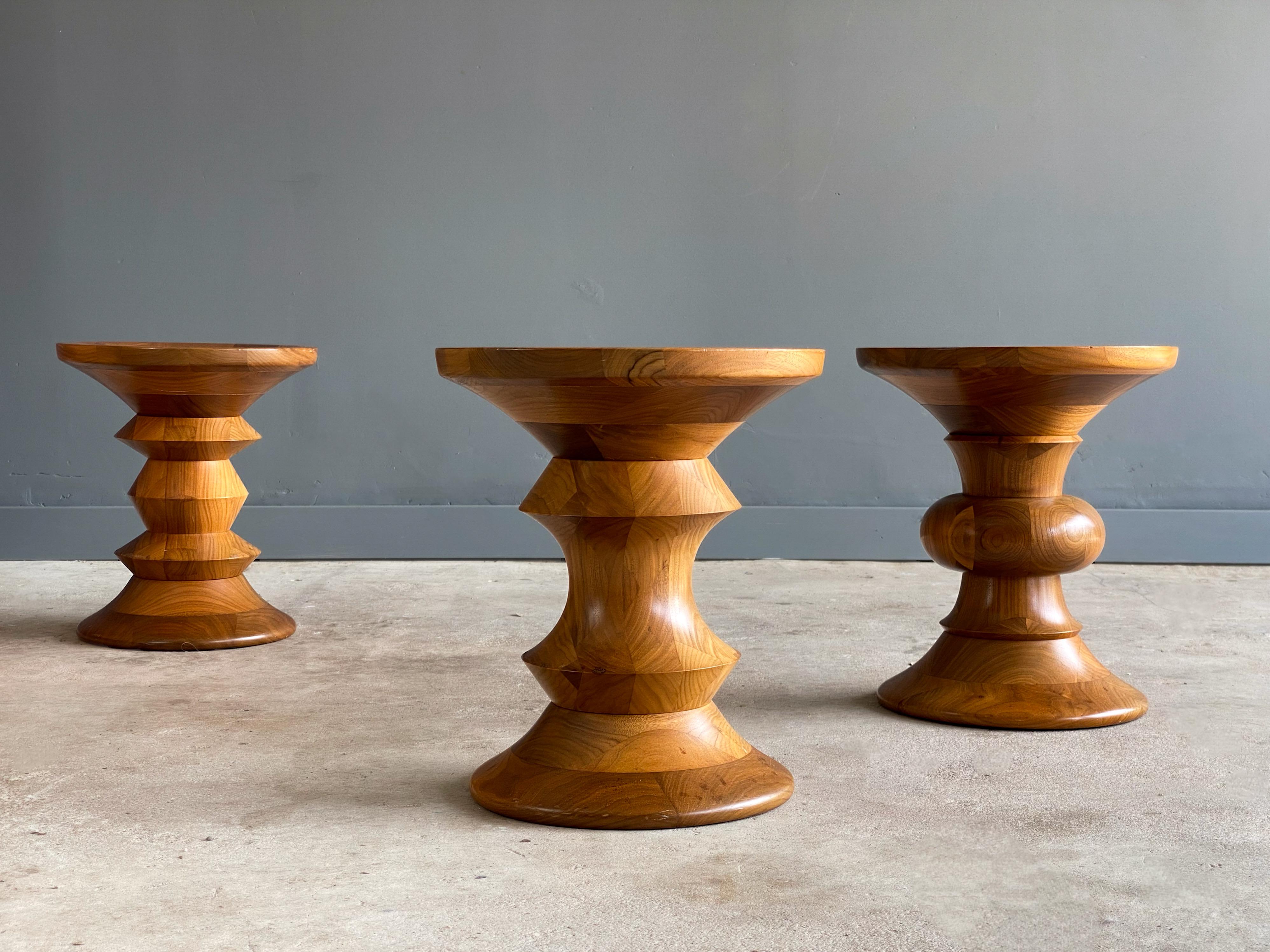 Iconic and complete set of walnut Time Life stools designed by Ray Eames for Herman Miller. These examples, models A, B and C have been with one another since they left the factory. Originally purchased and owned by a Herman Miller employee since
