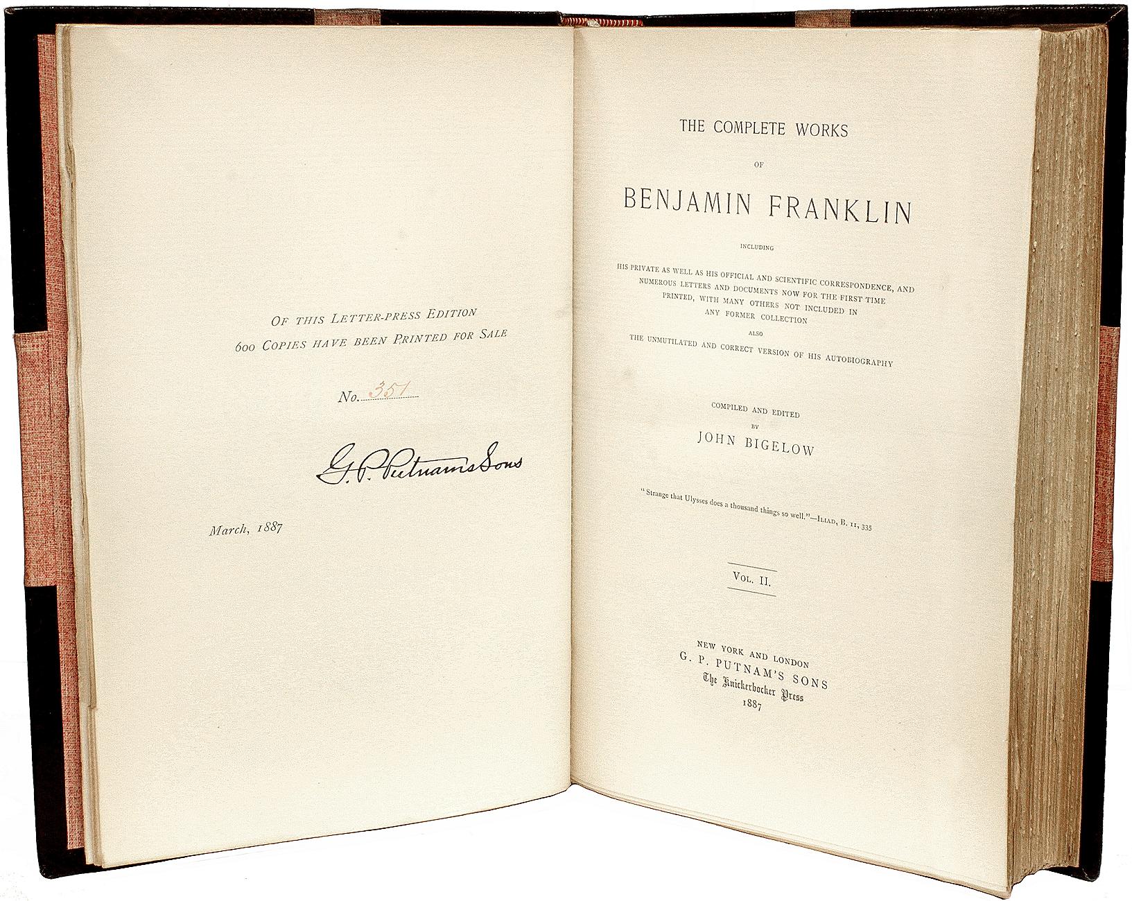 Œuvres complètes de Benjamin Franklin. Édition LETTER-PRESSION. 10 VOLUMES - 1887 Bon état - En vente à Hillsborough, NJ