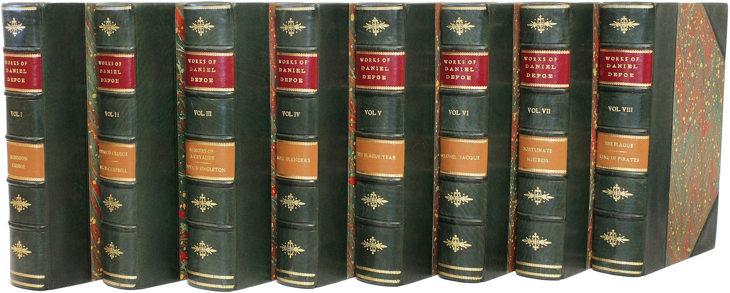AUTOR: DEFOE, Daniel. 

TITEL: Die vollständigen Werke von Daniel Defoe.

HERAUSGEBER: NY: National Library Company, 1903.

BESCHREIBUNG: EDITION DE LUXE. 8 Bände, 8-11/16