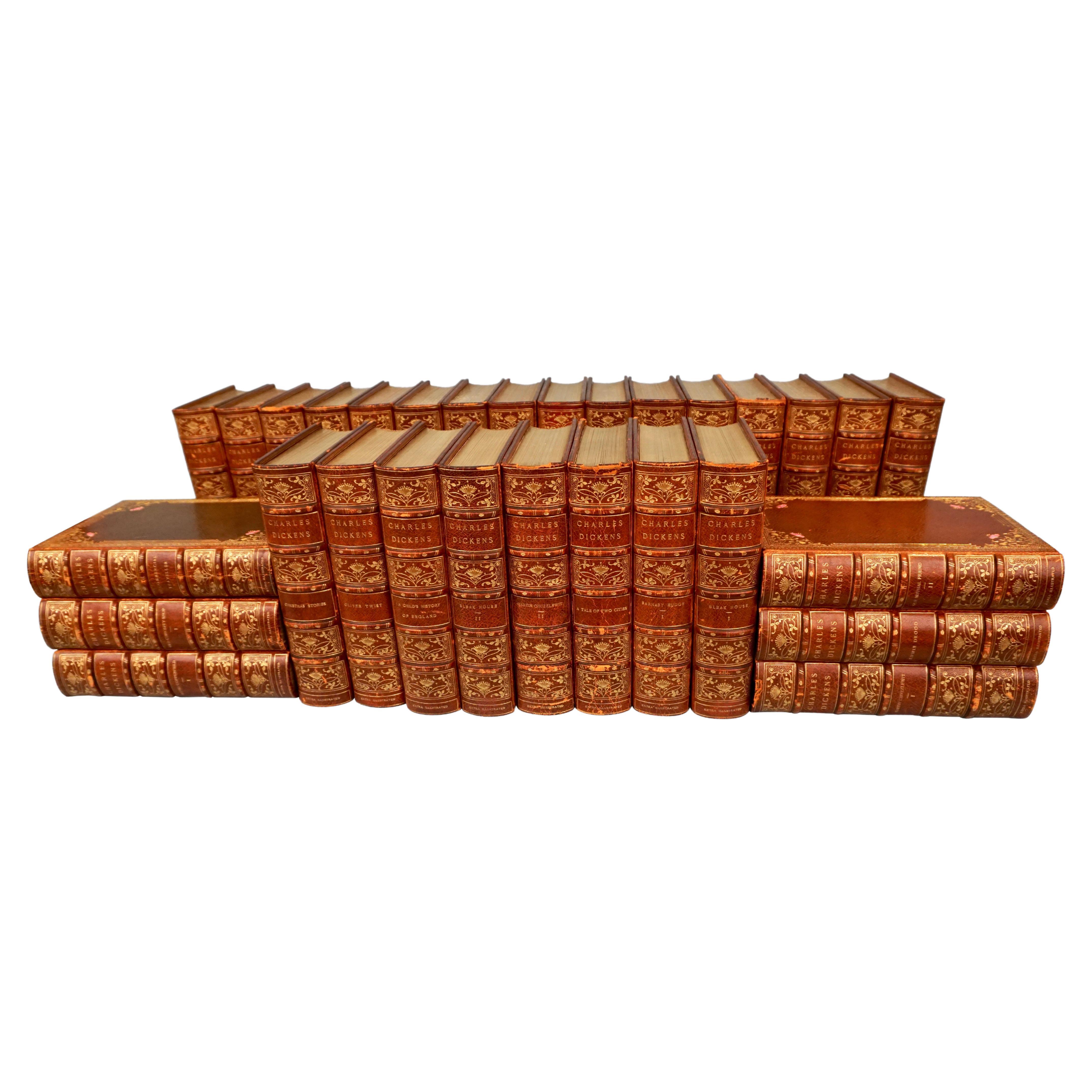 Complete Works of Dickens Autograph Edition in 30 Gilt-Tooled Leather Volumes