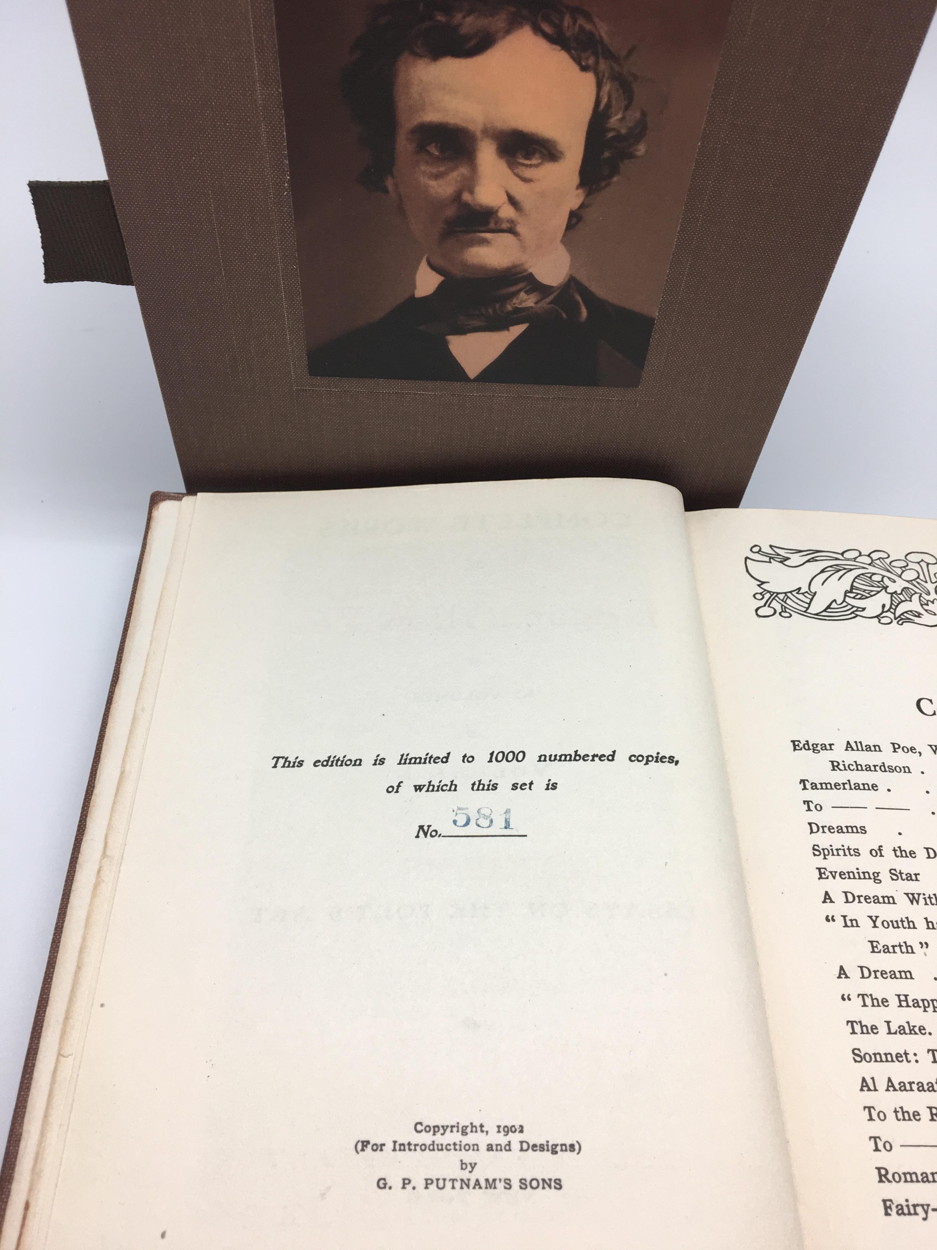 Poe, Edgar Allan, The Complete Works of Edgar Allan Poe, Limited edition #581/1000, Ten volume set. New York: Fred de Fau and Co., 1902. Original brown cloth boards, brown slipcase

Presented is the ten volume set of The Complete Works of Edgar