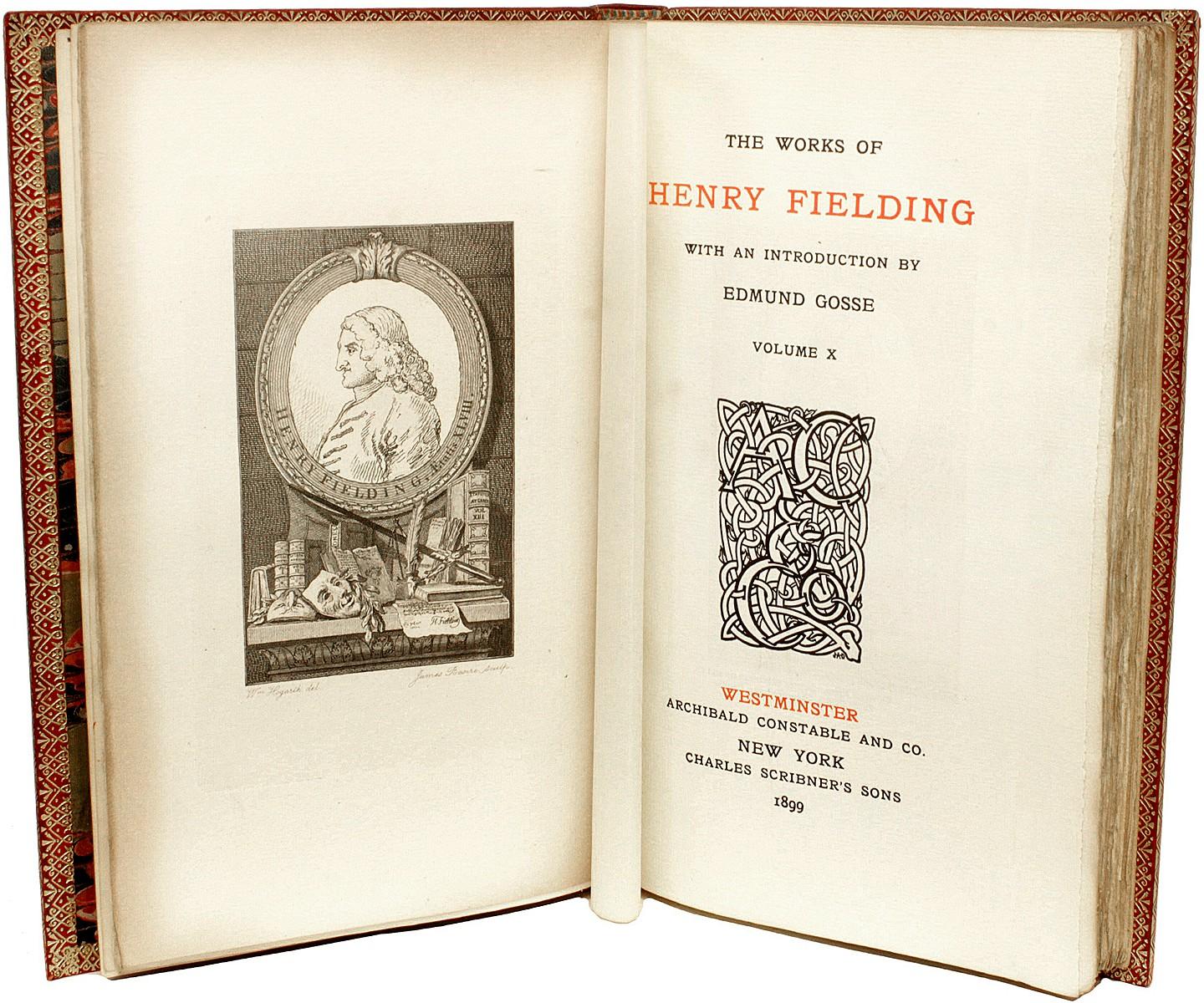 Autor: Fielding, Henry. 

Titel: Das Gesamtwerk von Henry Fielding.

Herausgeber: Westminster: Archibald Constable & Co, 1899.

Beschreibung: 12 Bände, 8-15/6