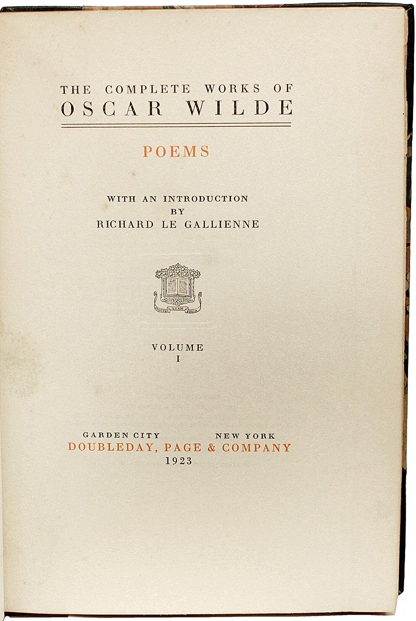 AUTHOR: WILDE, Oscar. 

TITLE: The Complete Works Of Oscar Wilde.

PUBLISHER: NY: Doubleday, Page & Co., 1923.

DESCRIPTION: PATRONS EDITION DeLUXE. 12 vols., 8-3/8