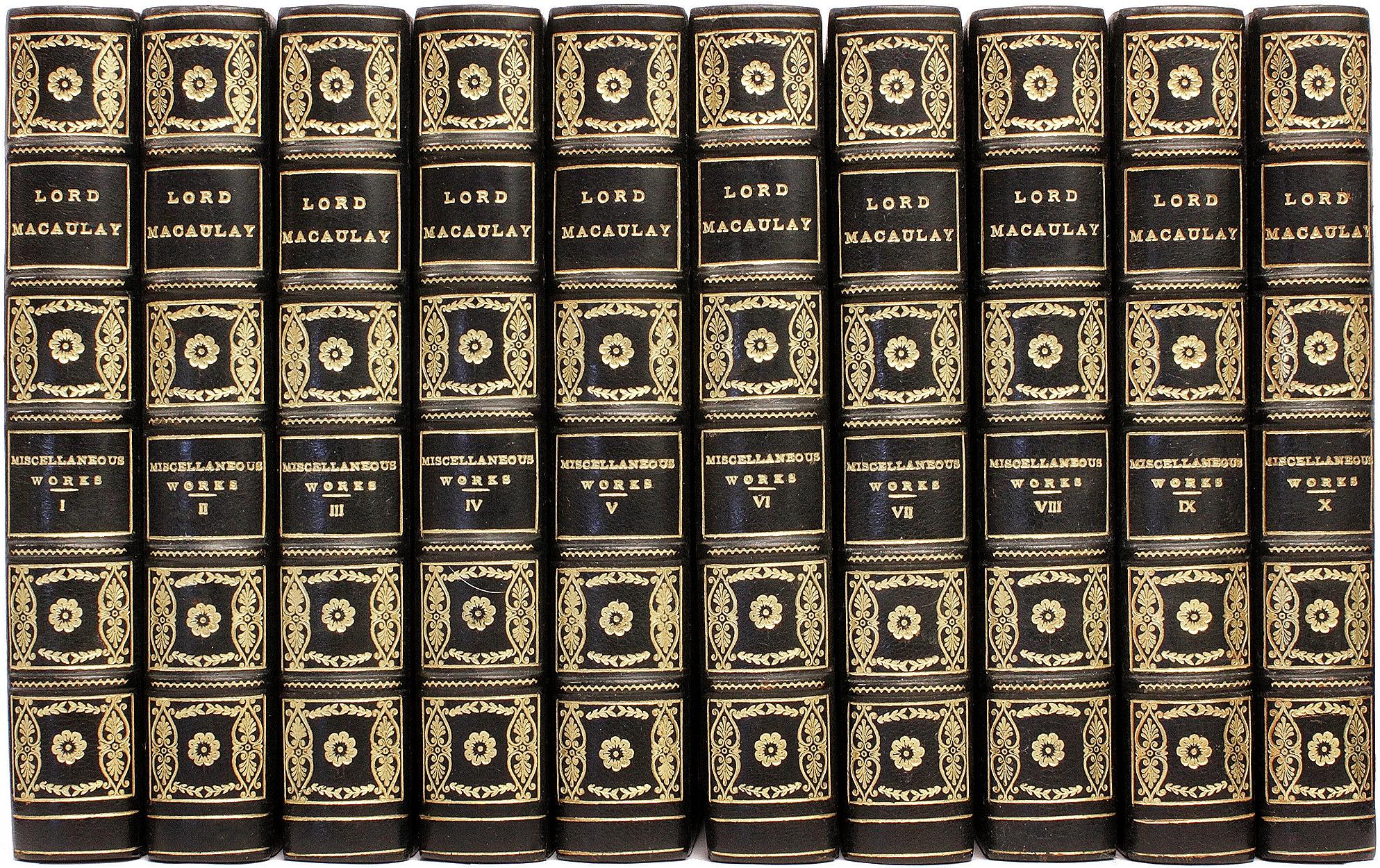 AUTORE: MACAULAY, Thomas Babington. 

TITOLO: Le opere complete di Thomas Babington Macaulay. Opere varie e Storia dell'Inghilterra.

EDITORE: NY: G. P. Putnam's Sons, 1856.

DESCRIZIONE: EDIZIONE KINICKERBOCKER. 20 volumi, 7-1/4