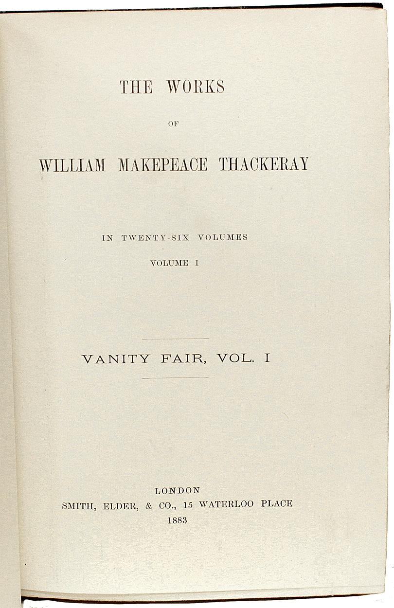 Author: Thackeray, William Makepeace. 

Title: The Complete Works of William Makepeace Thackeray.

Publisher: London: Smith, Elder, & Co., 1883-1886.

Description: 26 vols., 9