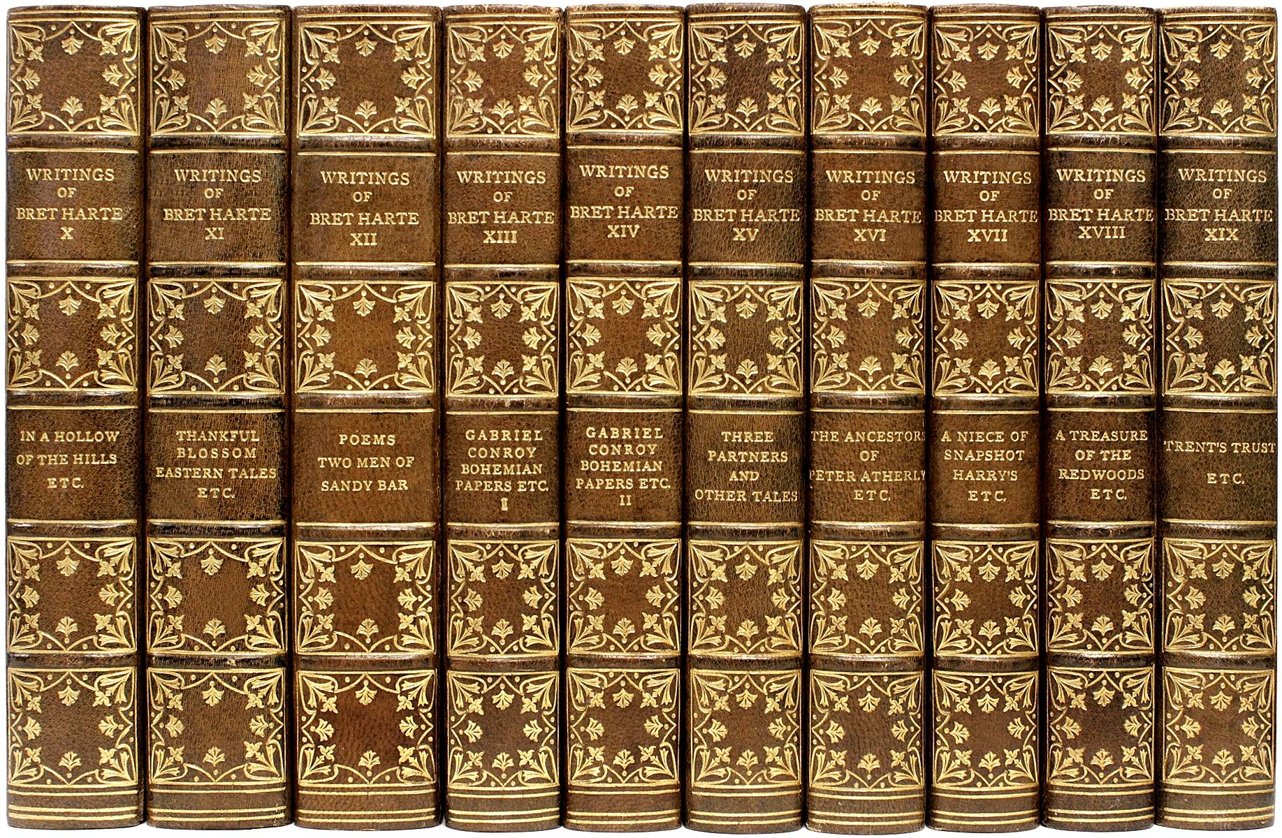 Author: HARTE, Bret. 

Title: The Complete Writings of Bret Harte.

Publisher: Boston: Houghton Mifflin Co., 1899.

THE RIVERSIDE EDITION. 19 vols., 7-5/8