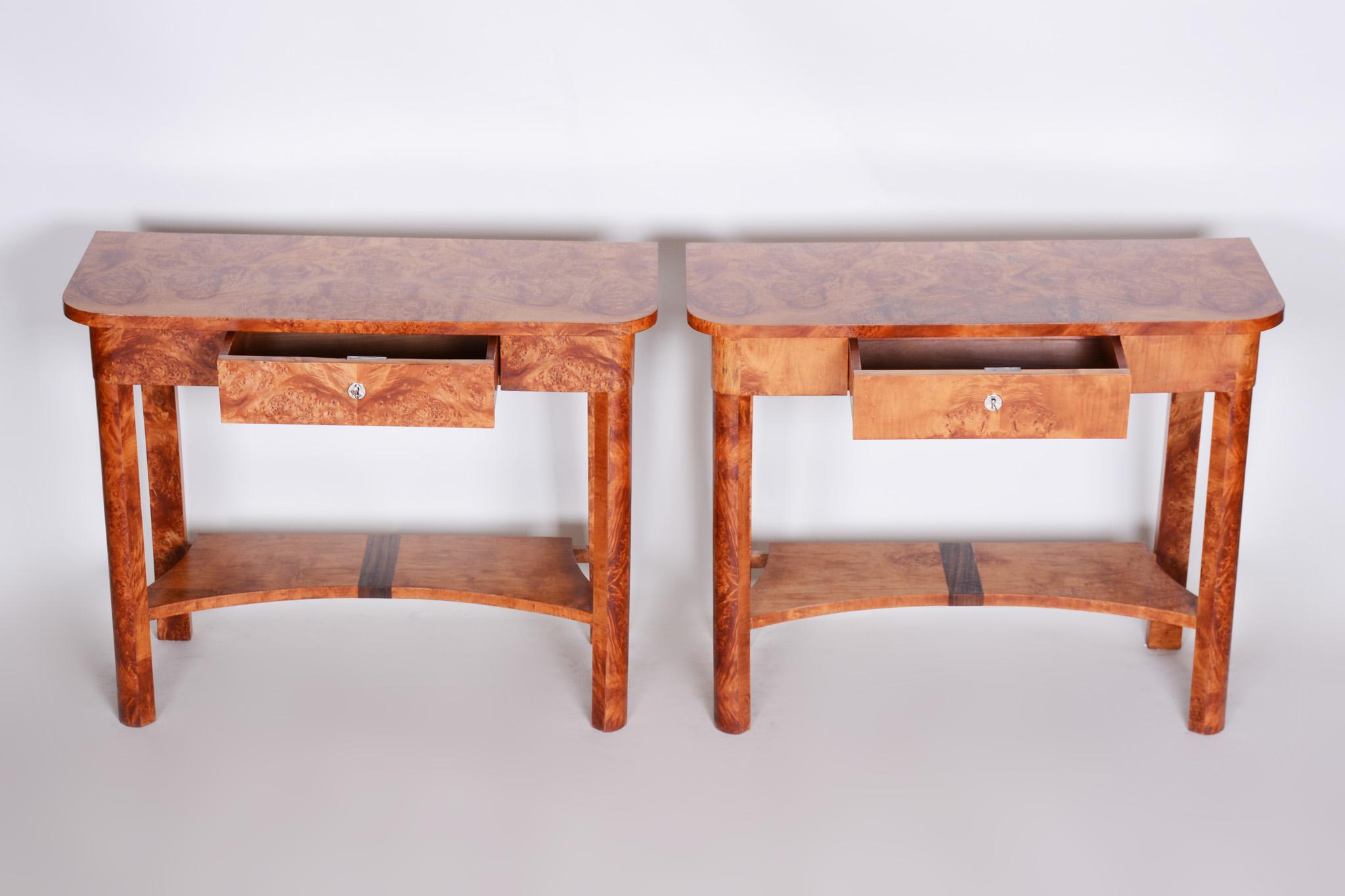 Completely Restored ArtDeco Pair of Brown Elm Side Tables, Czechia, 1920s For Sale 2