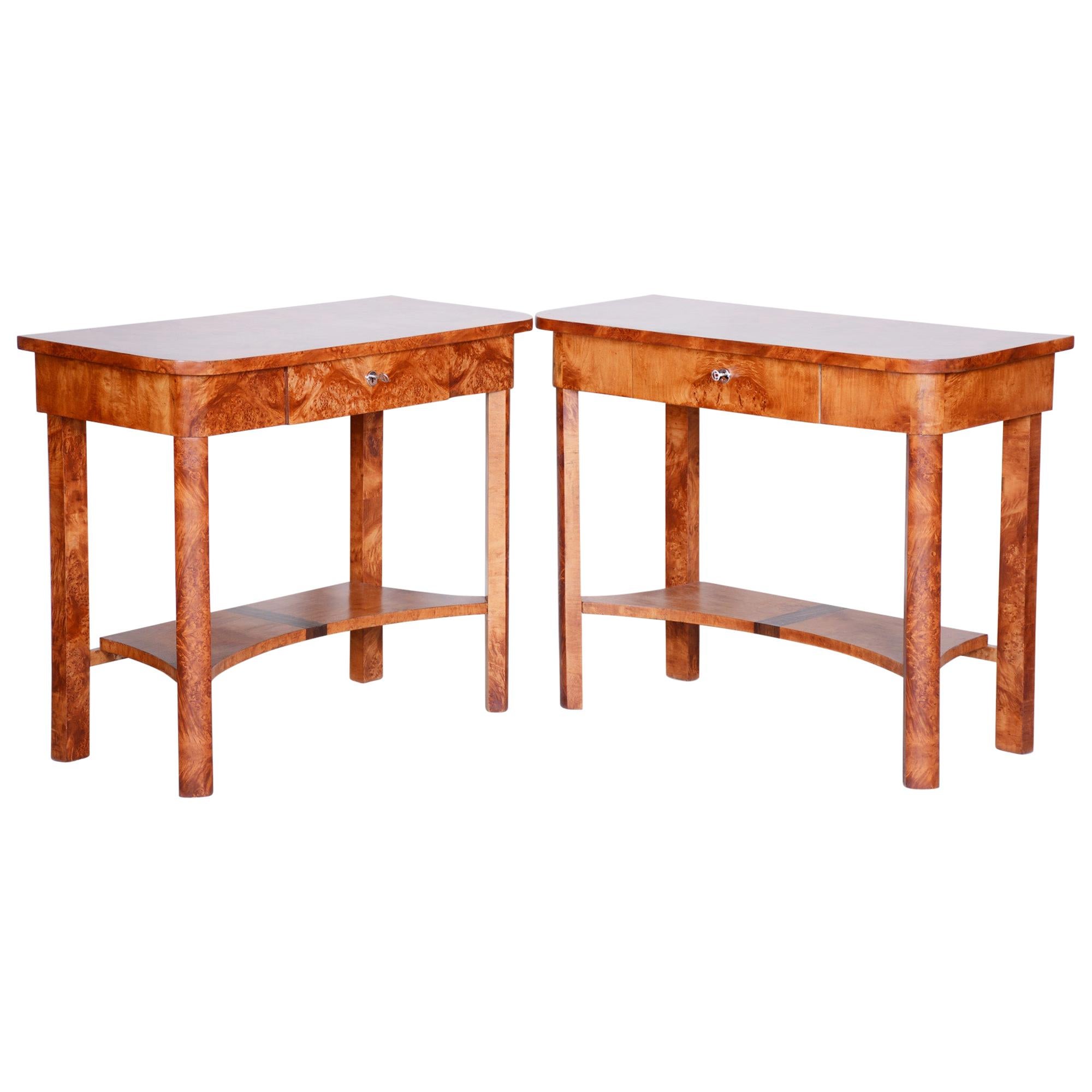 Completely Restored ArtDeco Pair of Brown Elm Side Tables, Czechia, 1920s For Sale