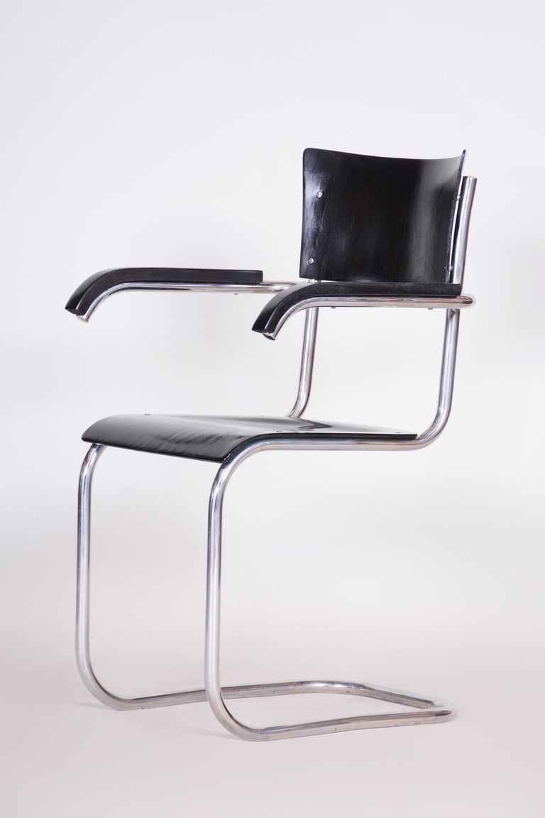 Chrome Completely Restored German Bauhaus Blackened Beech Armchair by Mart Stam, 1930s For Sale
