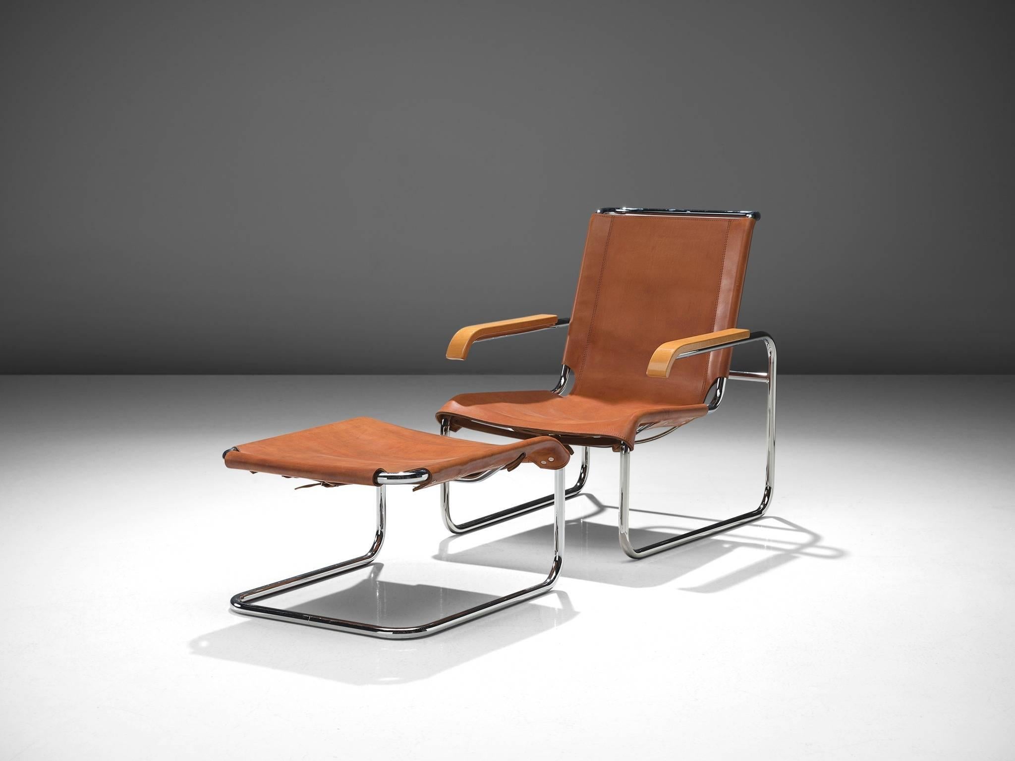 Marcel Breuer for Thonet, lounge chair B35 with ottoman, leather and tubular steel by Germany, 1928. 

This lounge chair is executed in cognac leather and tubular steel. The B35 by Marcel Breuer exists of a cantilevered chair and matching ottoman.