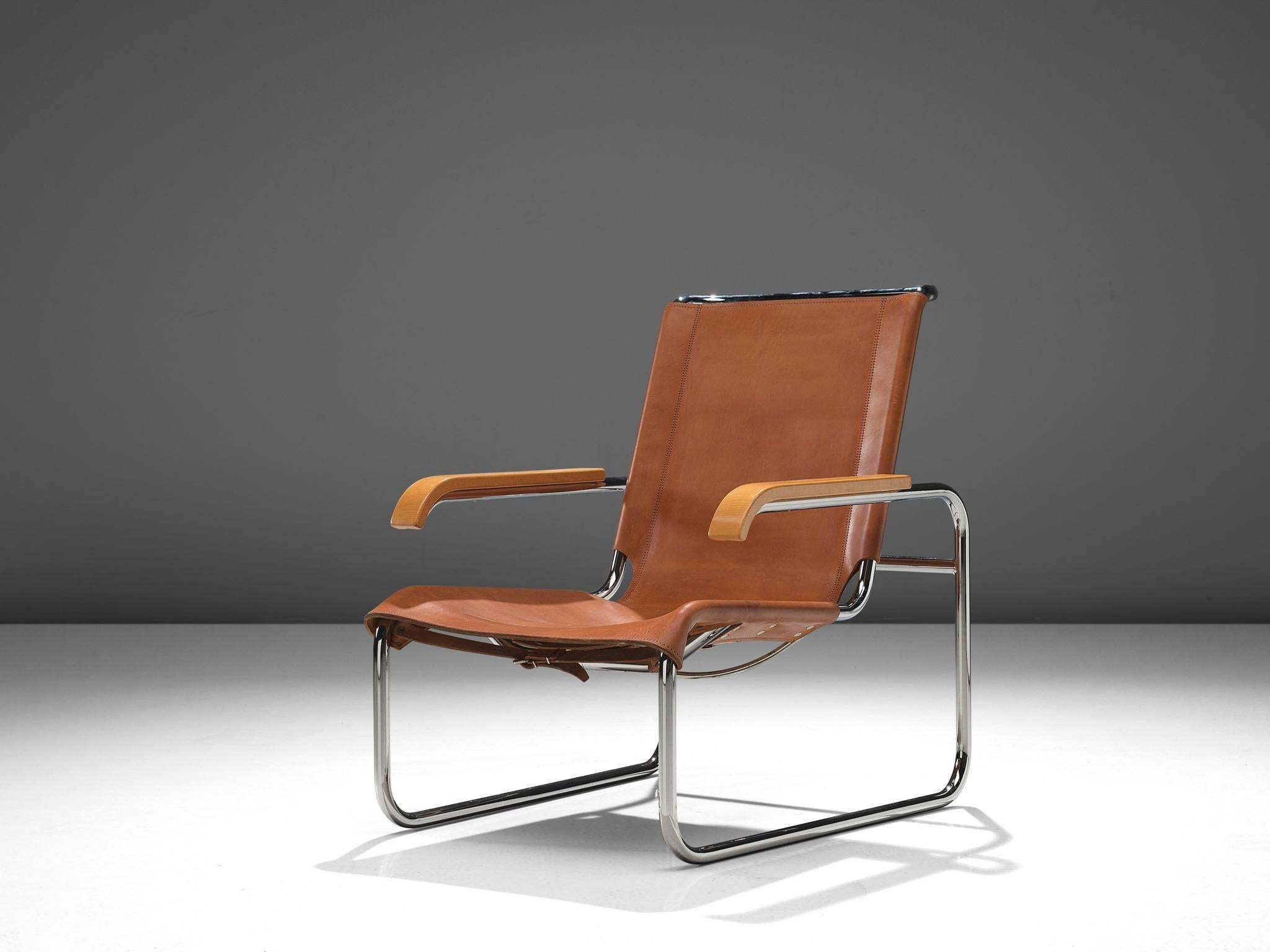 German Completely Restored Marcel Breuer Cognac Leather Lounge Chair with Ottoman