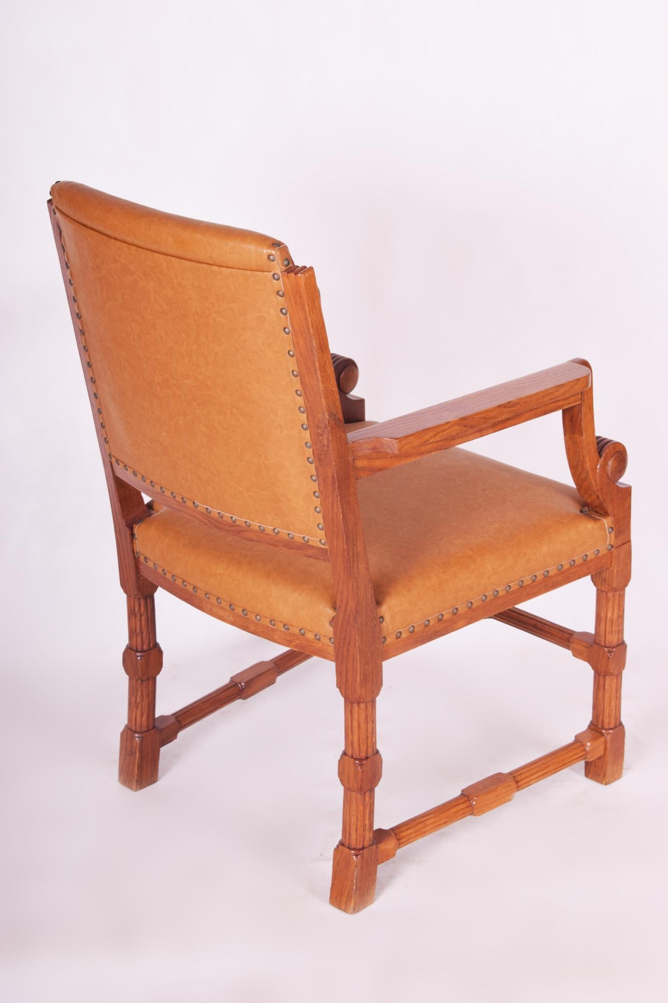 Completely Restored Oak Neo-Renaissance Armchair, New Upholstery, Shellac Polish 4