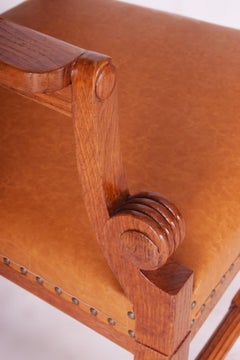 Completely Restored Oak Neo-Renaissance Armchair, New Upholstery, Shellac Polish