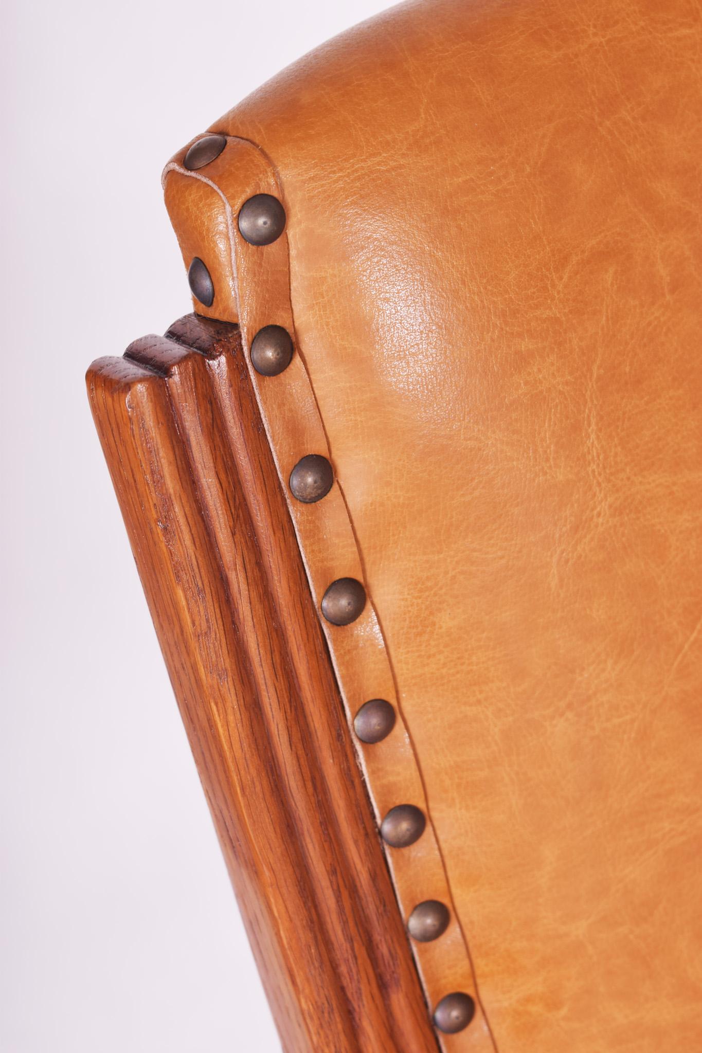 Czech Completely Restored Oak Neo-Renaissance Armchair, New Upholstery, Shellac Polish