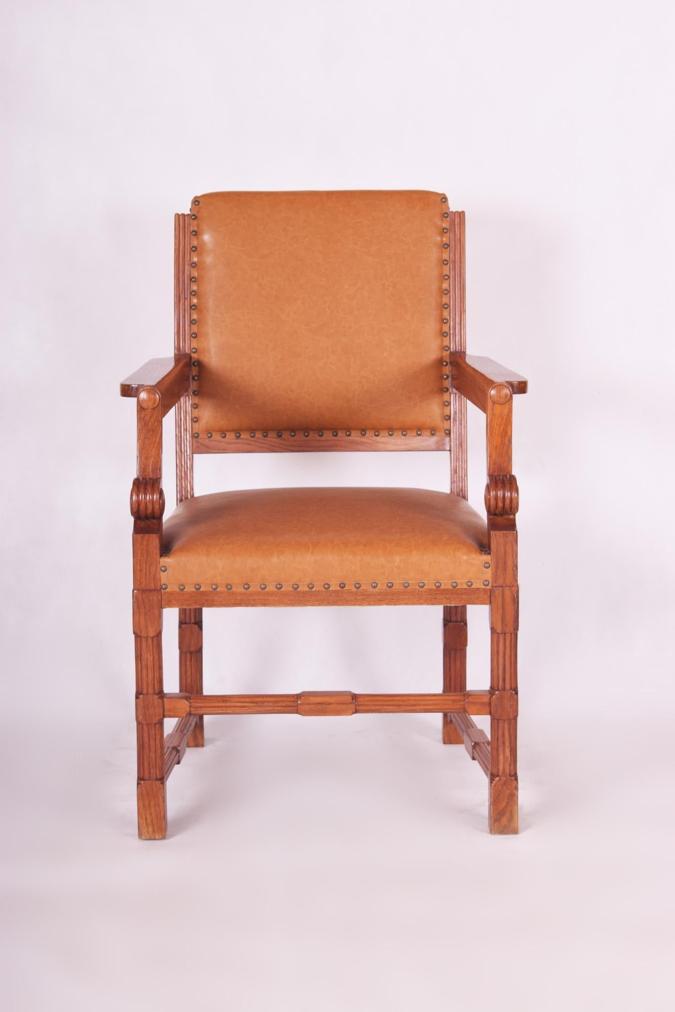 Walnut Completely Restored Oak Neo-Renaissance Armchair, New Upholstery, Shellac Polish