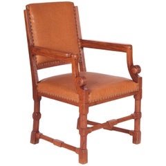 Completely Restored Oak Neo-Renaissance Armchair, New Upholstery, Shellac Polish