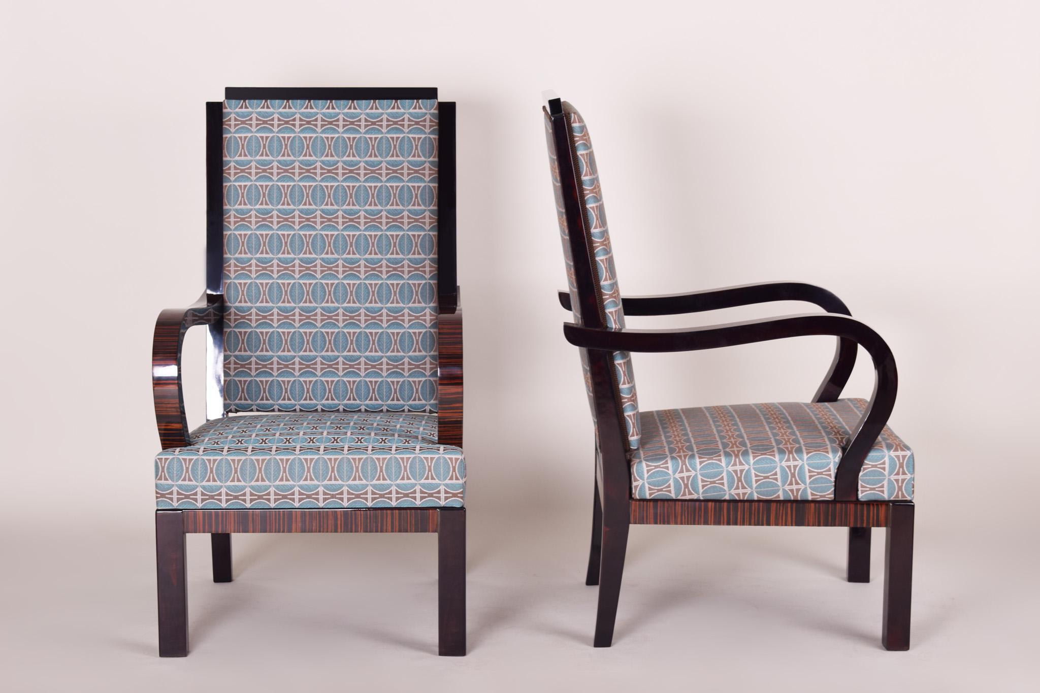 Pair of elegant upholstered armchairs.
Completely restored. New upholstery with fabric designed by Josef Hoffmann.
Material: Macassar
Source: France
Period: 1920-1929.

We guarantee safe a the cheapest air transport from Europe to the whole world