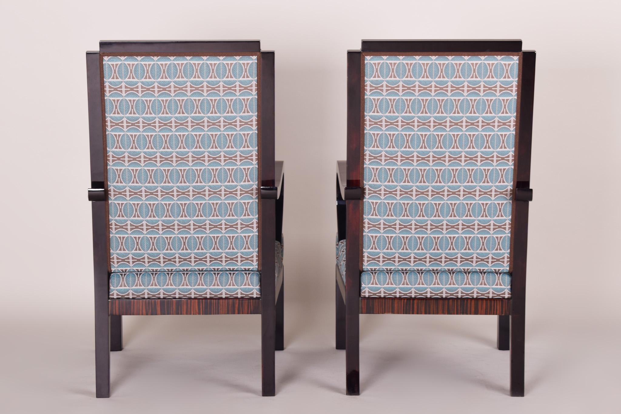 French Completely Restored Pair of High Unique Macassar Art Deco Armchairs, France