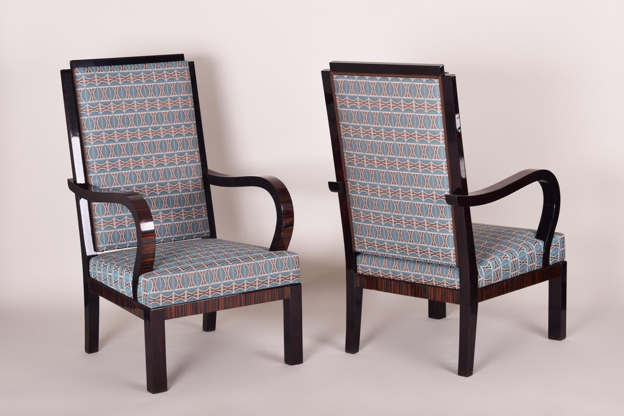 Completely Restored Pair of High Unique Macassar Art Deco Armchairs, France In Good Condition In Horomerice, CZ