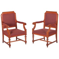 Completely Restored Pair of Oak Neo-Renaissance Armchairs, New Upholstery