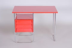 Completely Restored Red Functionalism Chrome Writing Desk, Czechia, 1940s