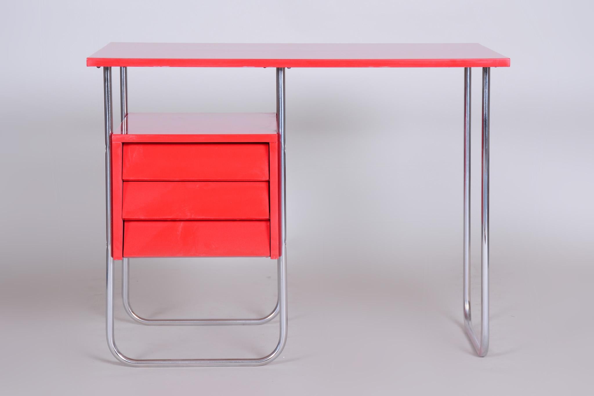 Bauhaus Completely Restored Red Functionalism Chrome Writing Desk, Czechia, 1940s