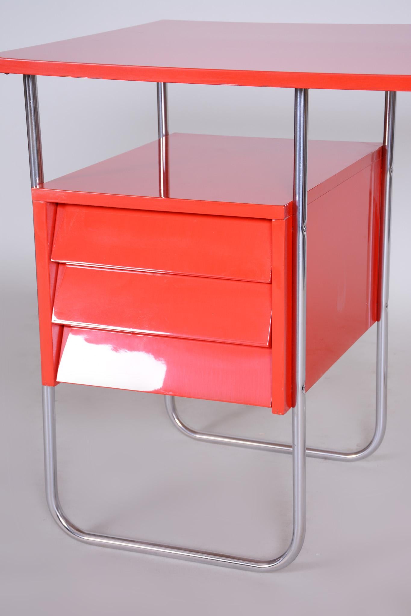 Completely Restored Red Functionalism Chrome Writing Desk, Czechia, 1940s In Good Condition In Horomerice, CZ