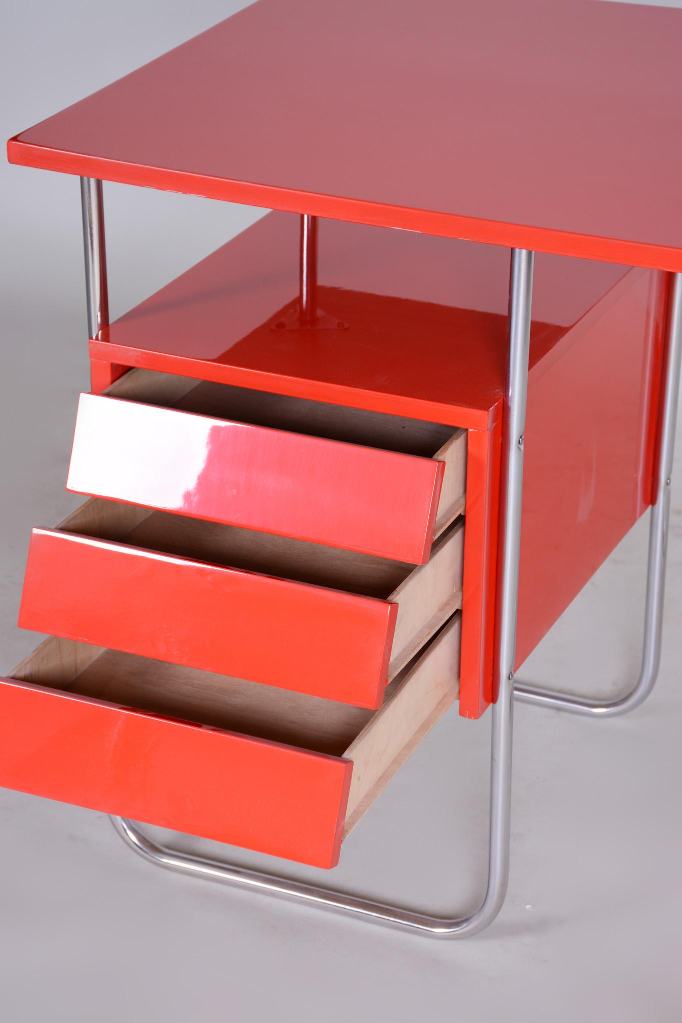 20th Century Completely Restored Red Functionalism Chrome Writing Desk, Czechia, 1940s