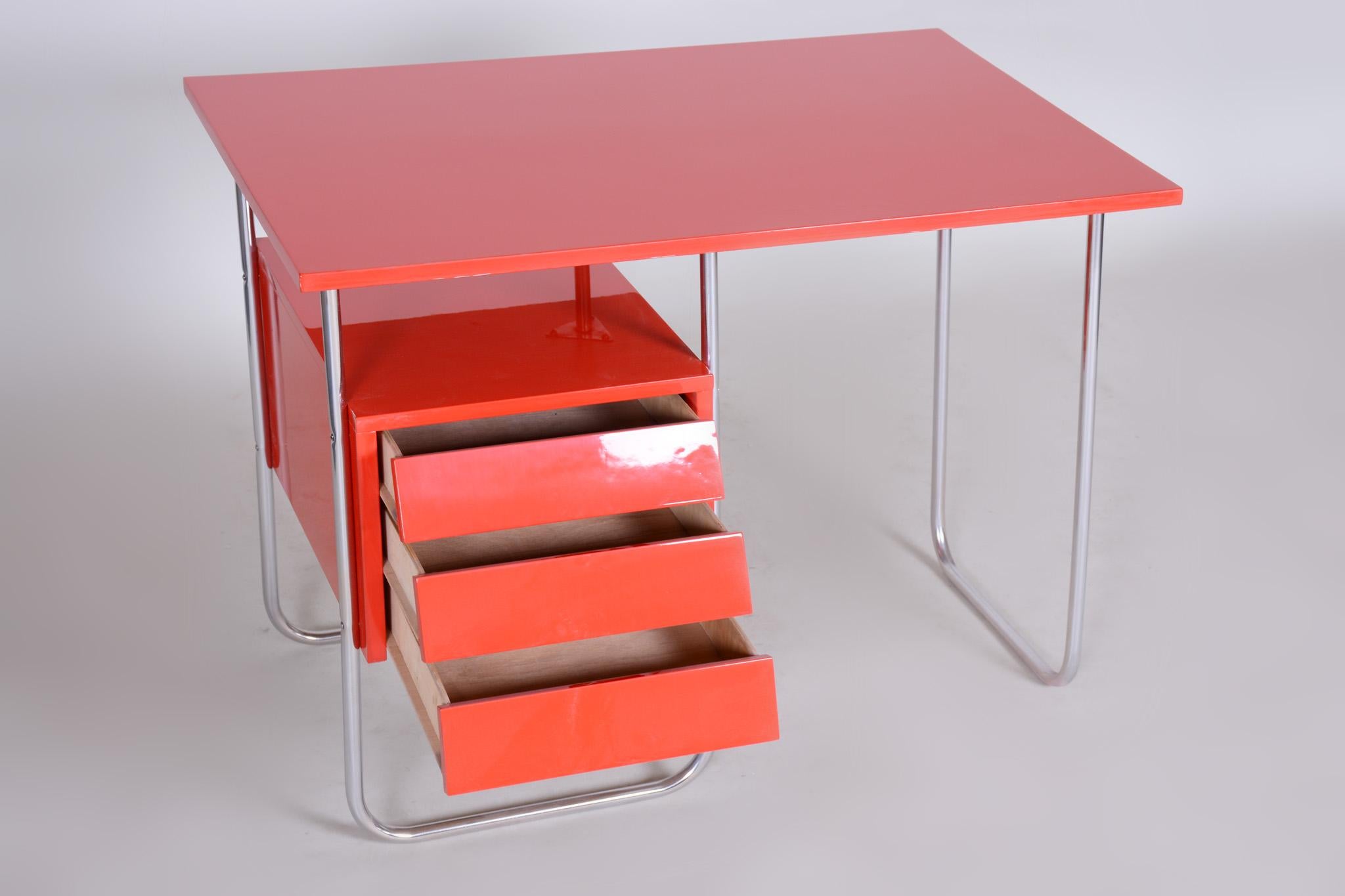 Completely Restored Red Functionalism Chrome Writing Desk, Czechia, 1940s 1