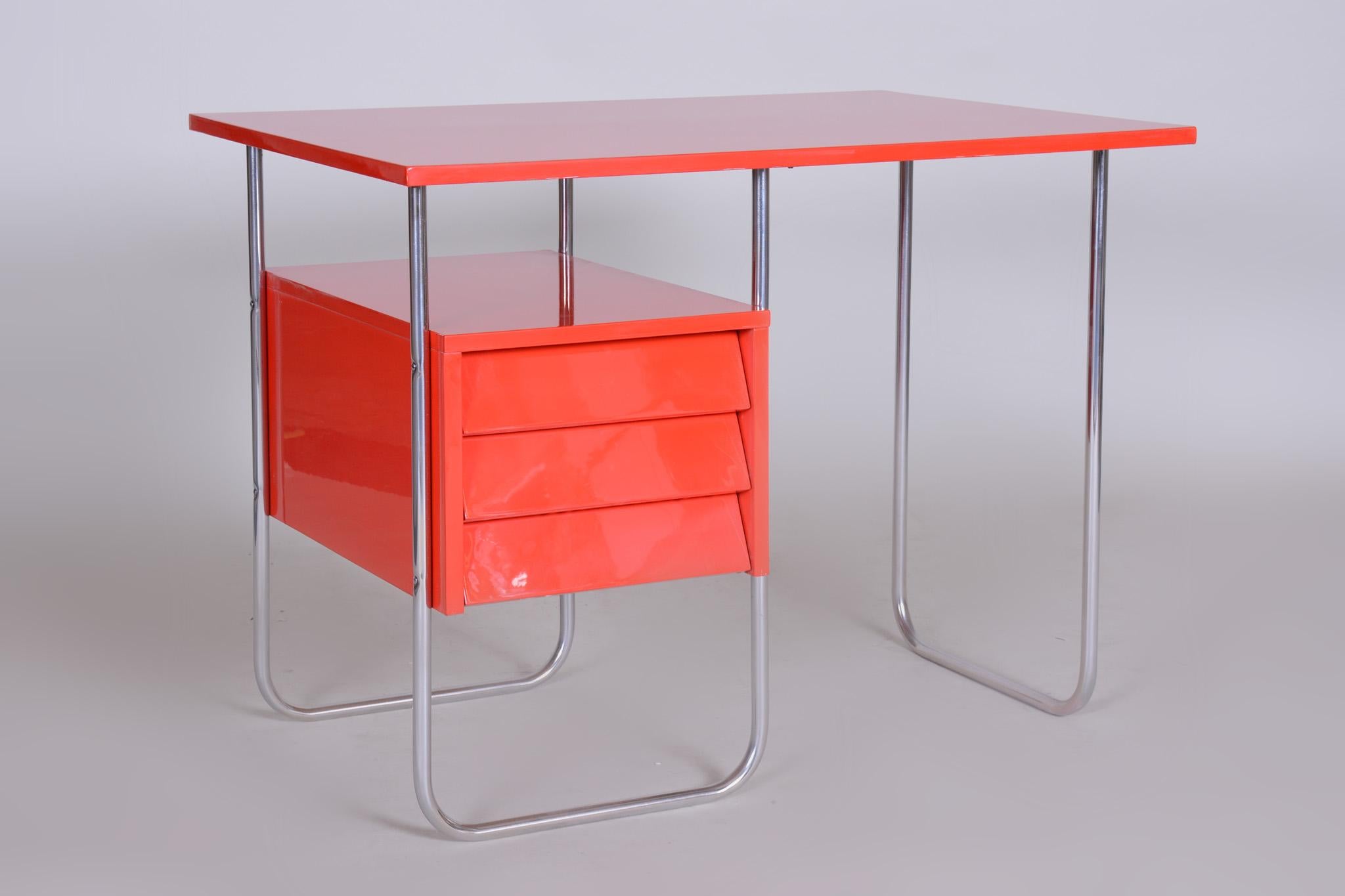 Completely Restored Red Functionalism Chrome Writing Desk, Czechia, 1940s 3