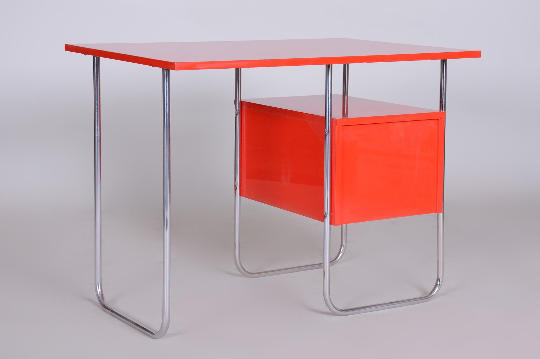 Completely Restored Red Functionalism Chrome Writing Desk, Czechia, 1940s 4