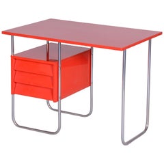 Completely Restored Red Functionalism Chrome Writing Desk, Czechia, 1940s