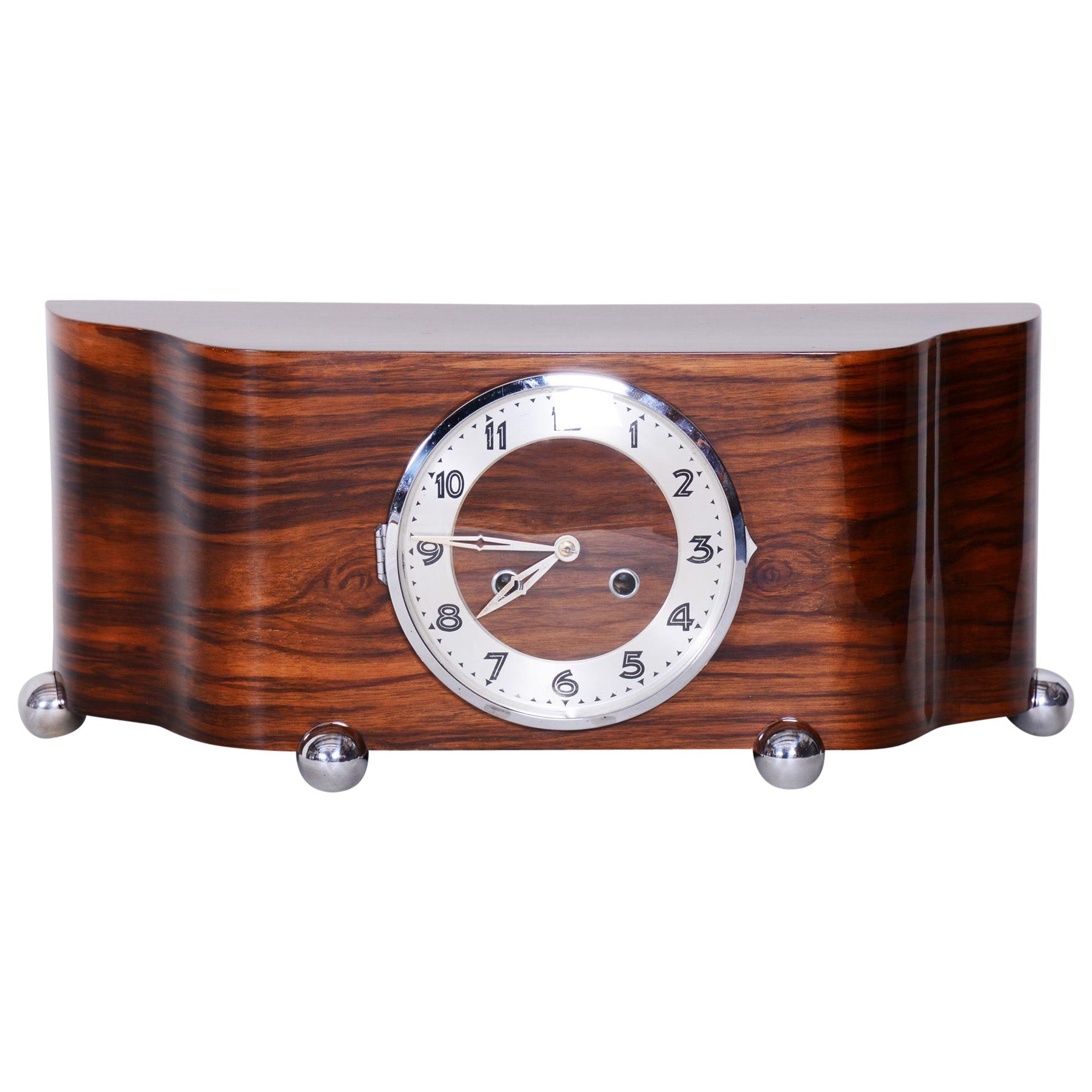 Completely Restored Unique Art Deco Walnut Table Clock, High Gloss, 1930s