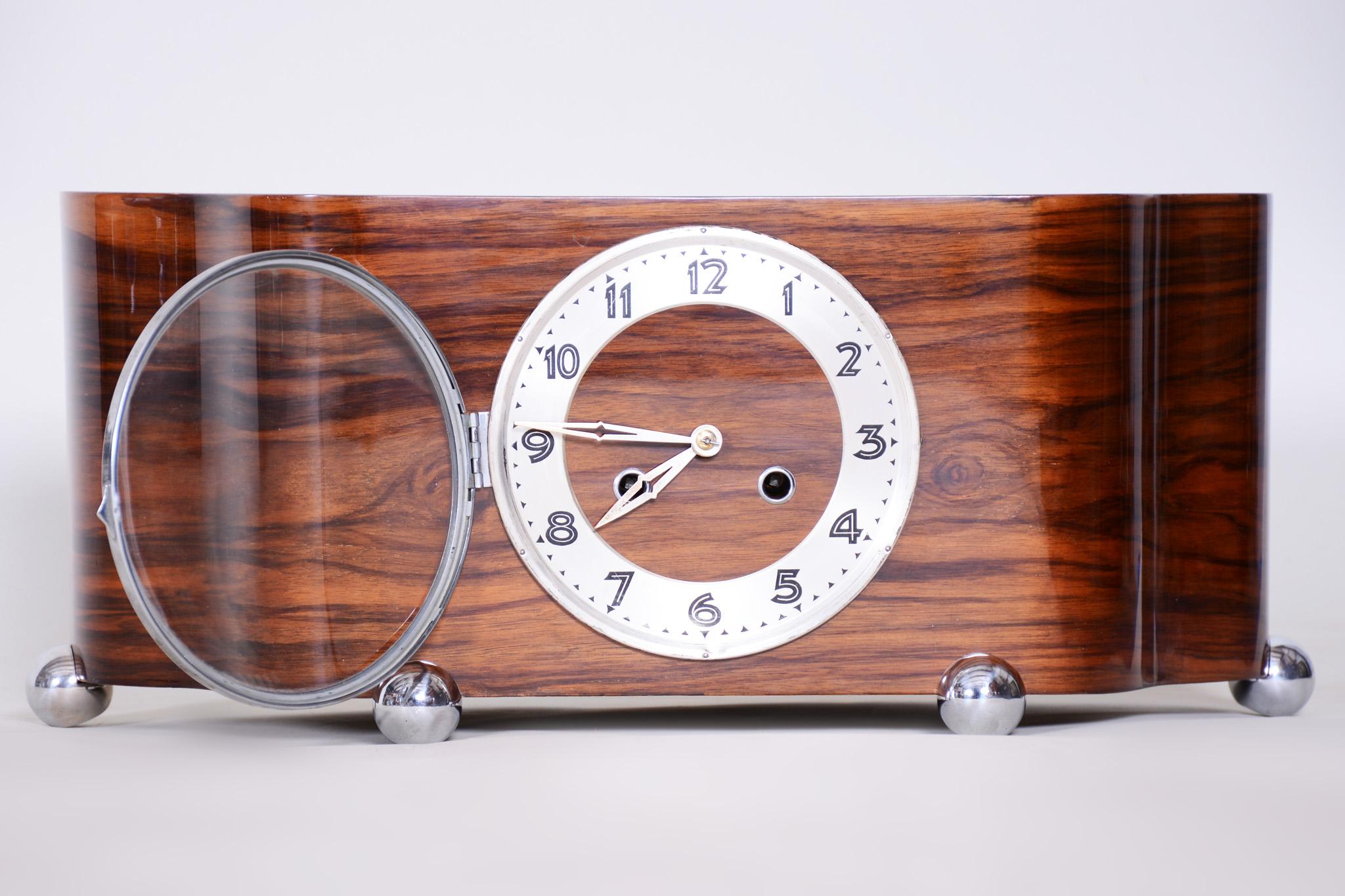 Completely Restored Unique Art Deco Walnut Table Clock, High Gloss, 1930s 1